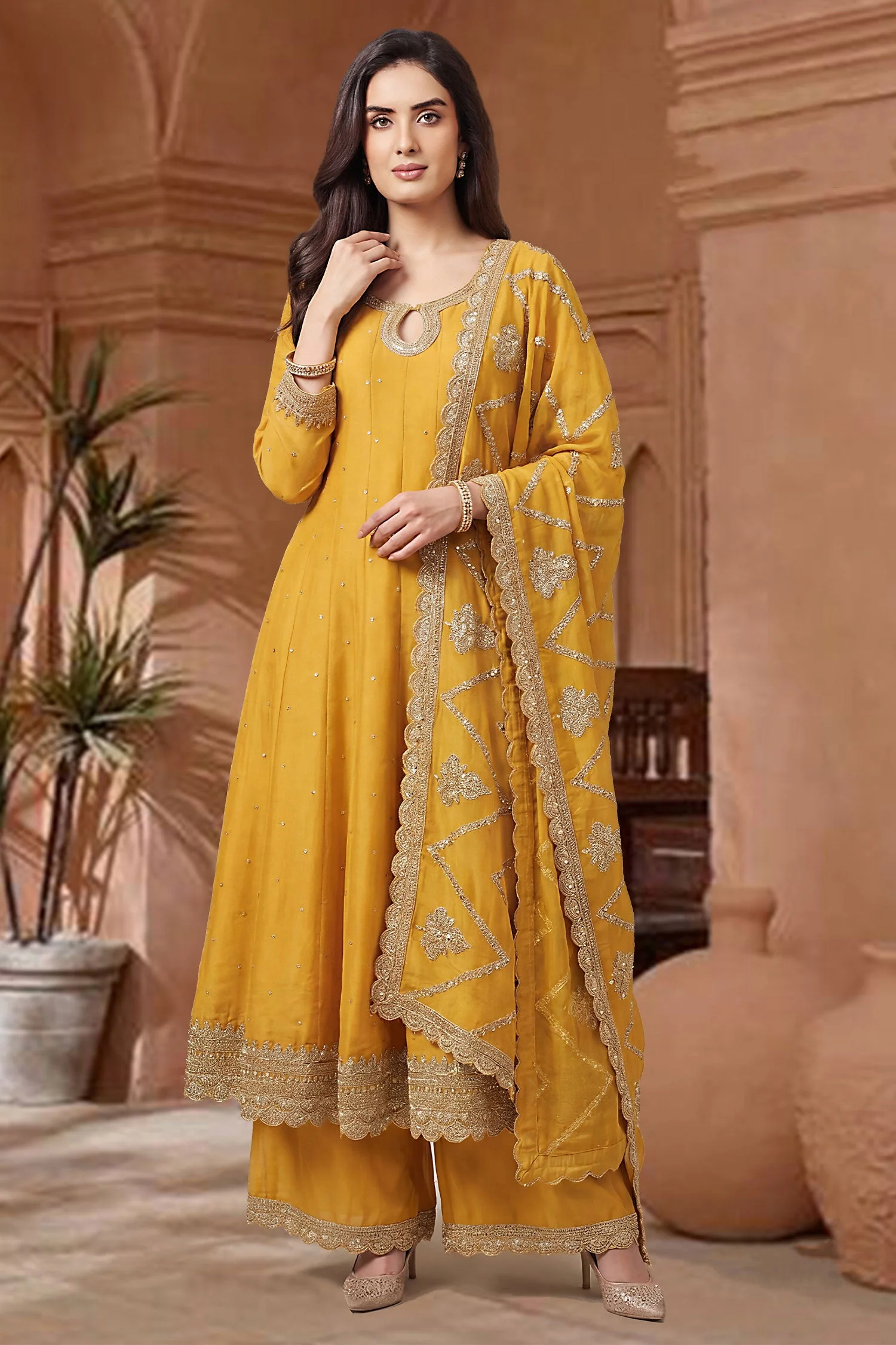 Yellow Art Silk Embroidered Anarkali Palazzo Suit - Image 2