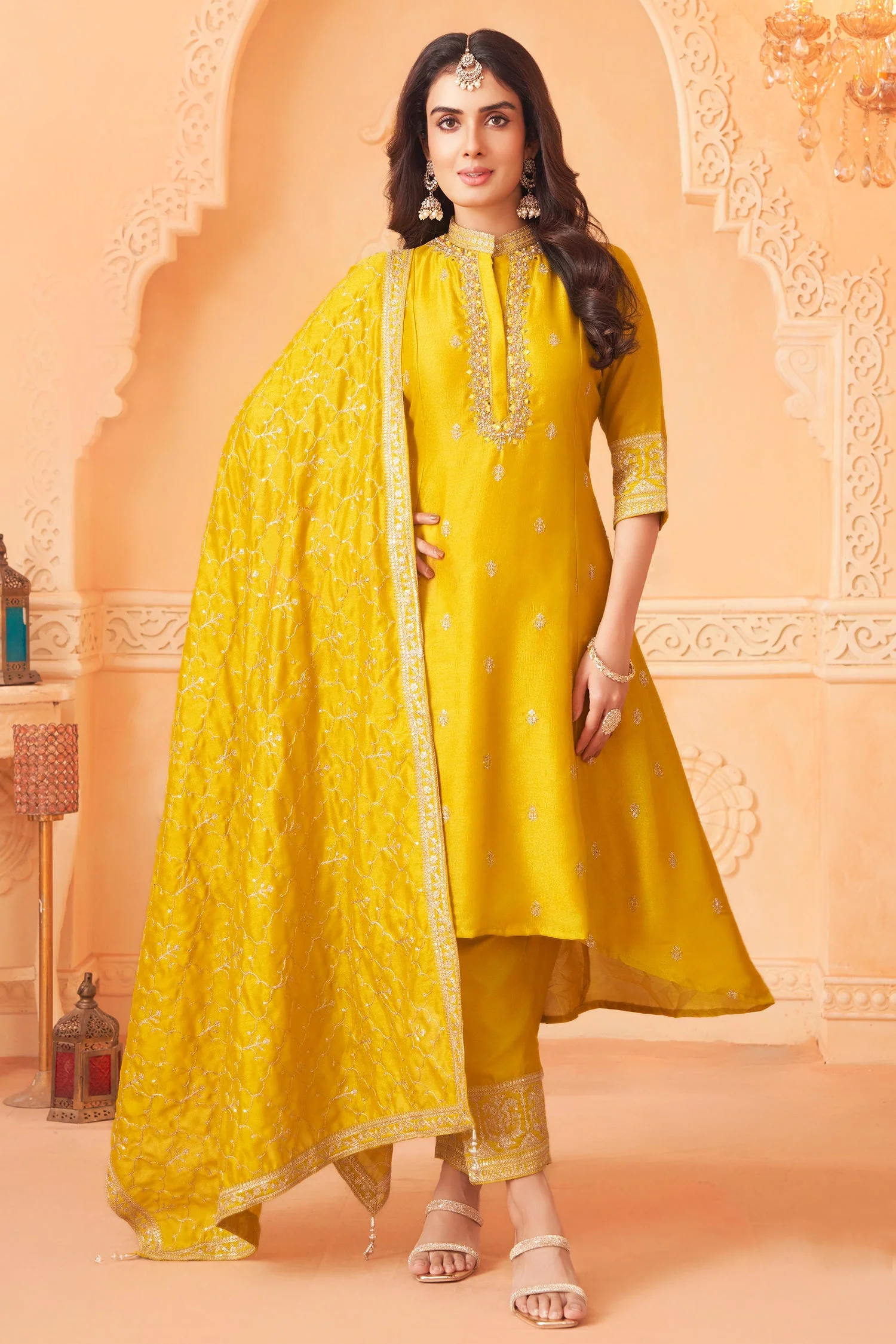 Yellow Art Silk High and Low Sequin Mirror Worked Suit - Image 2