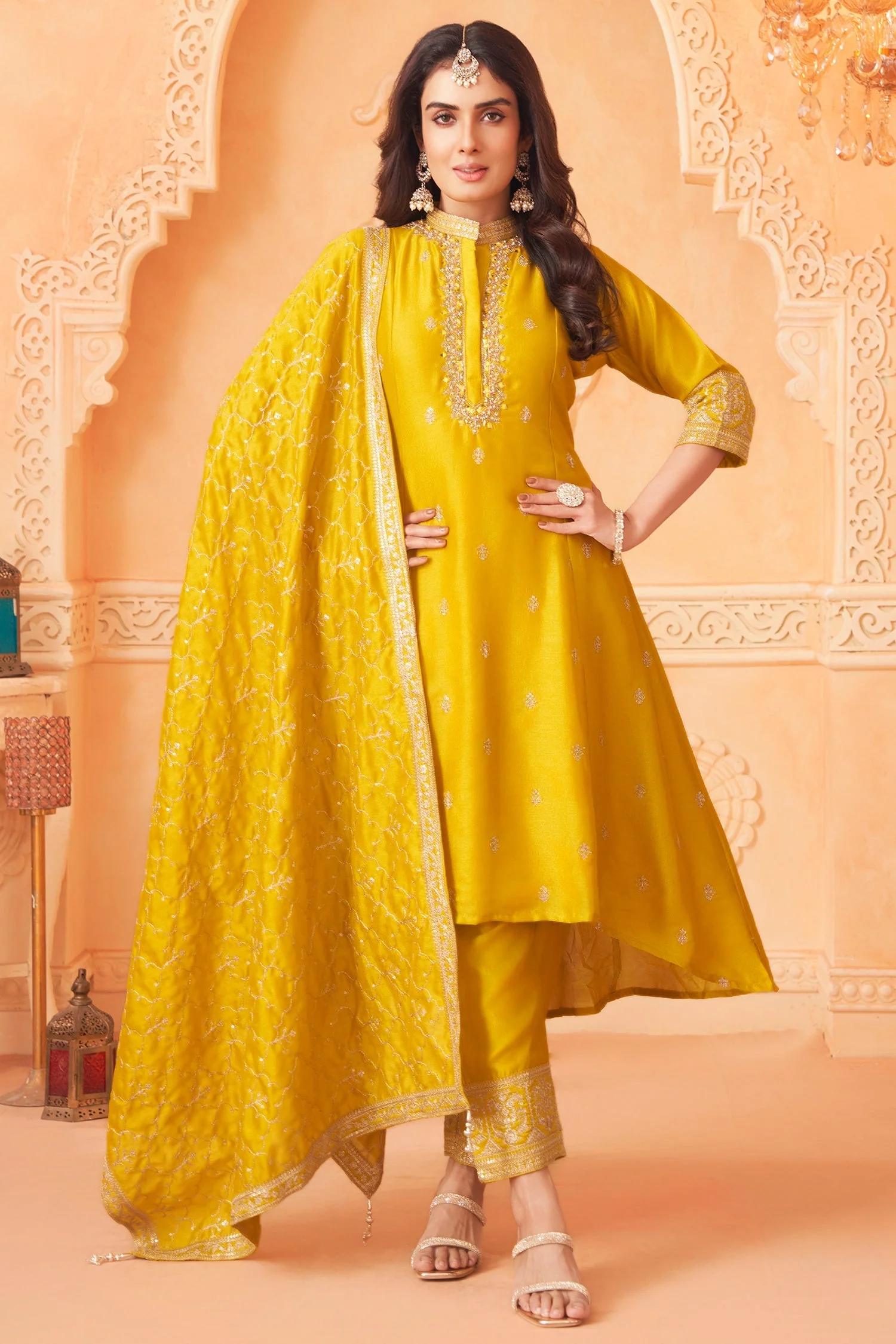 Yellow Art Silk High and Low Sequin Mirror Worked Suit - Image 3