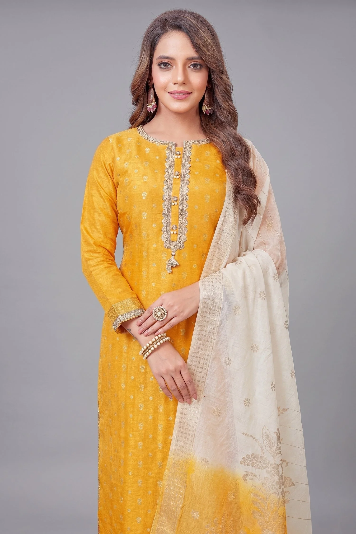 Yellow Art Silk Woven Straight Cut Suit - Image 2