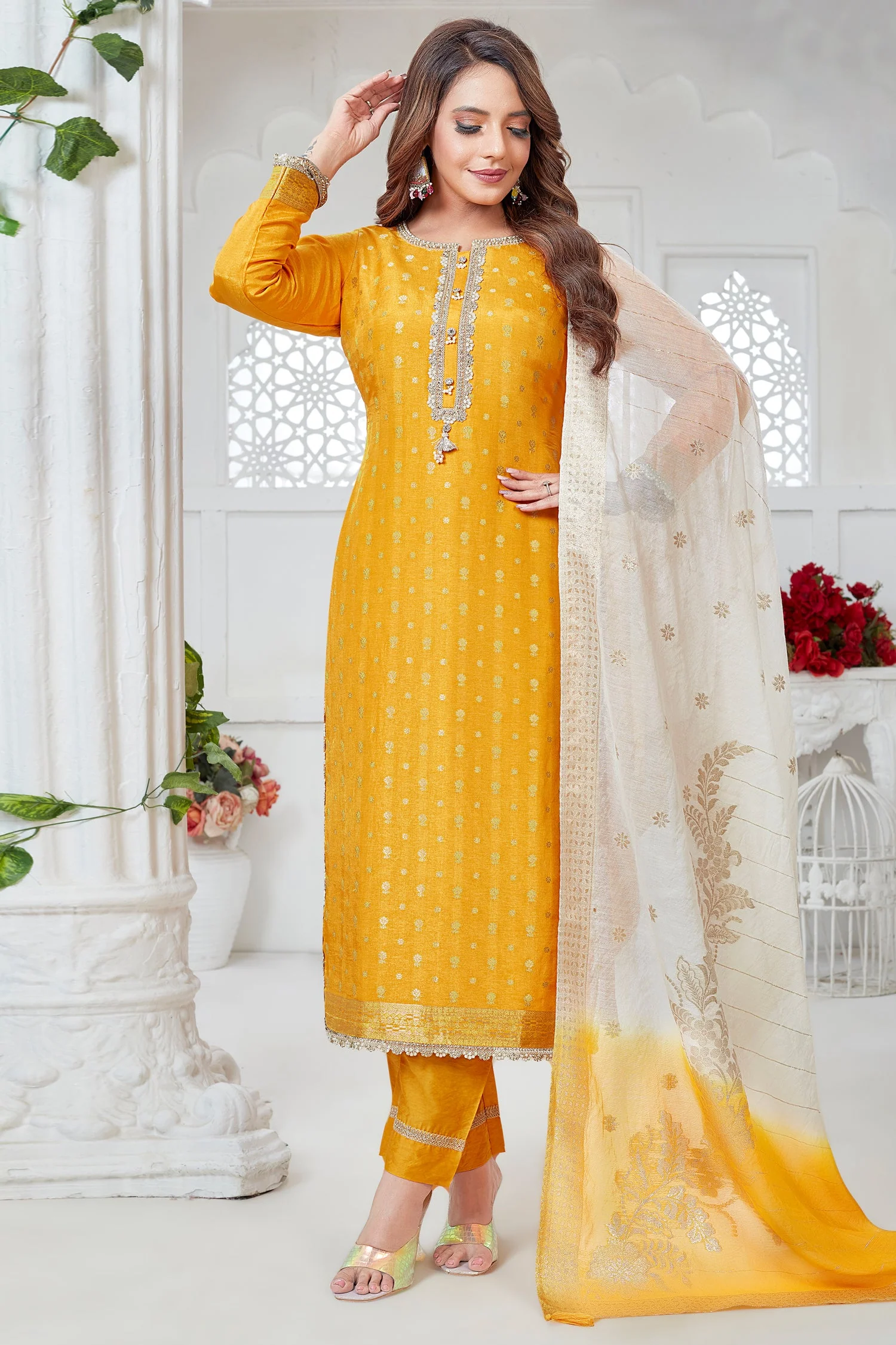 Yellow Art Silk Woven Straight Cut Suit - Image 3