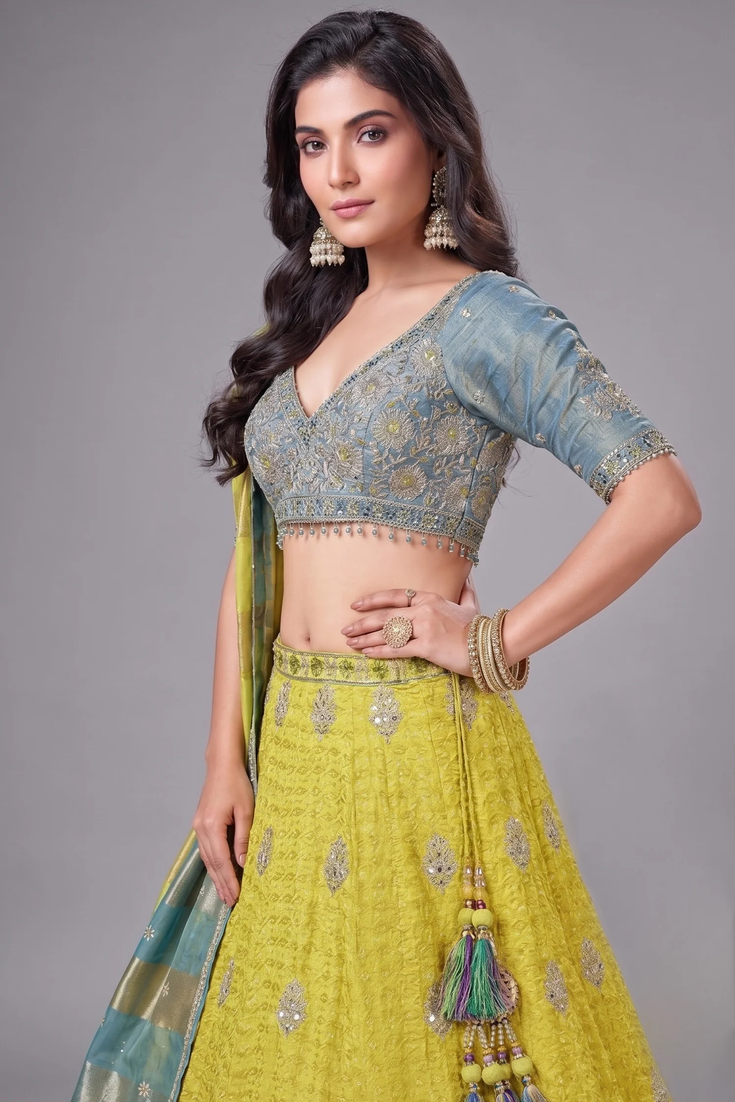 Yellow Banarasi Brocade Woven Lehenga with Sequin Work - Image 2