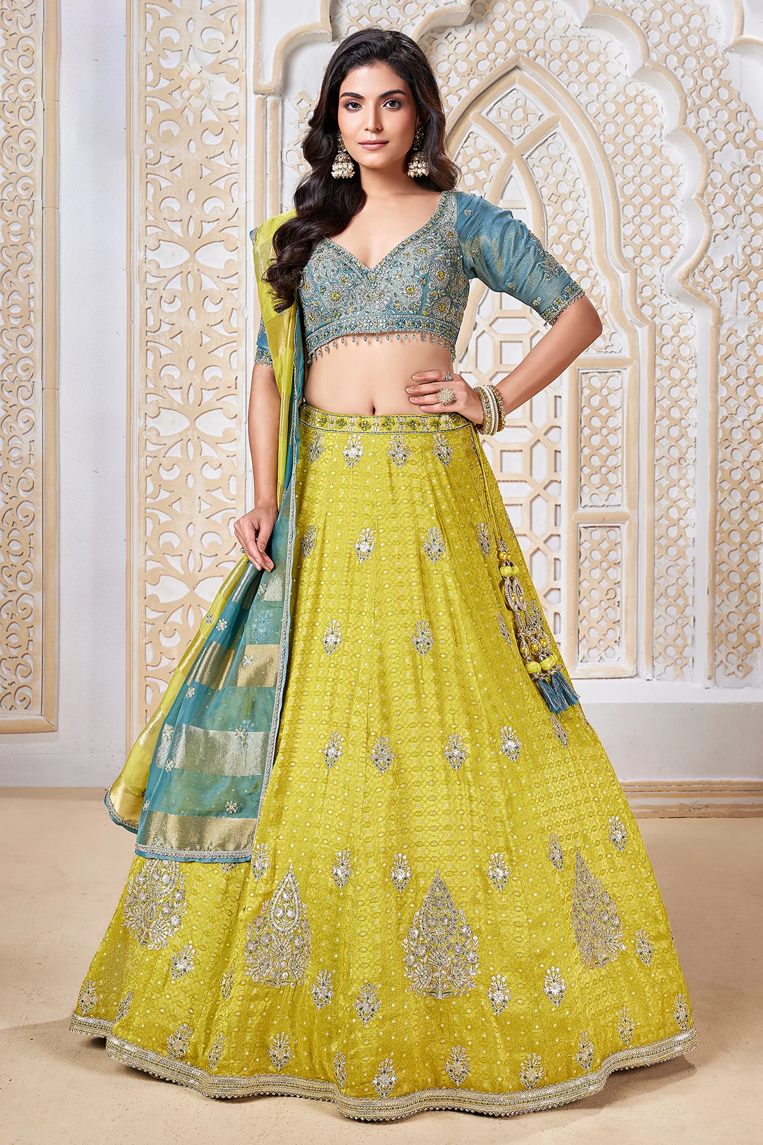 Yellow Banarasi Brocade Woven Lehenga with Sequin Work - Image 3