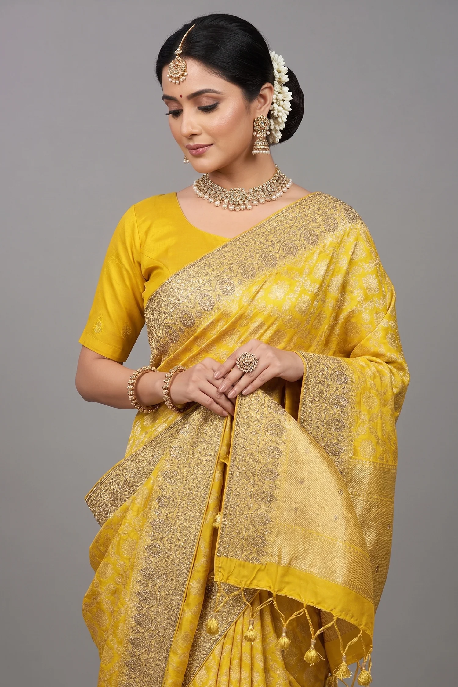 Yellow Banarasi Silk Traditional Woven Saree with Zardosi Gota Work - Image 2