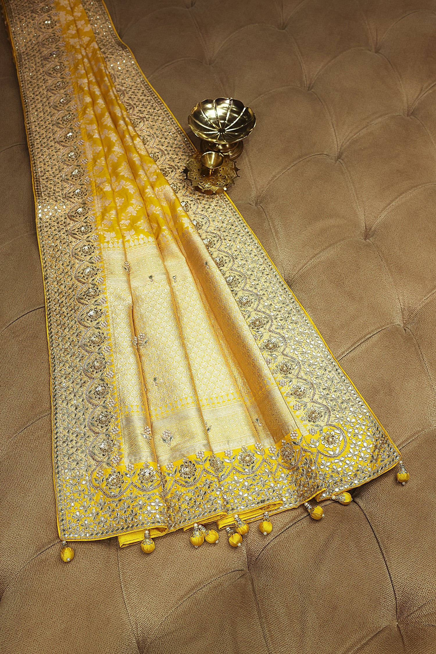 Yellow Banarasi Silk Traditional Woven Saree with Zardosi Gota Work - Image 3