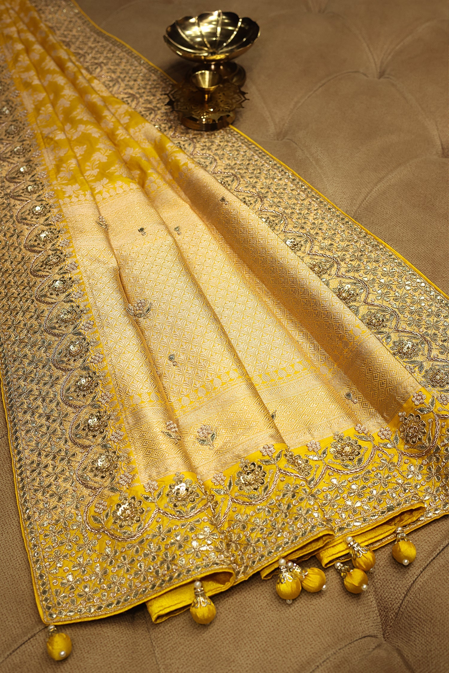 Yellow Banarasi Silk Traditional Woven Saree with Zardosi Gota Work - Image 4
