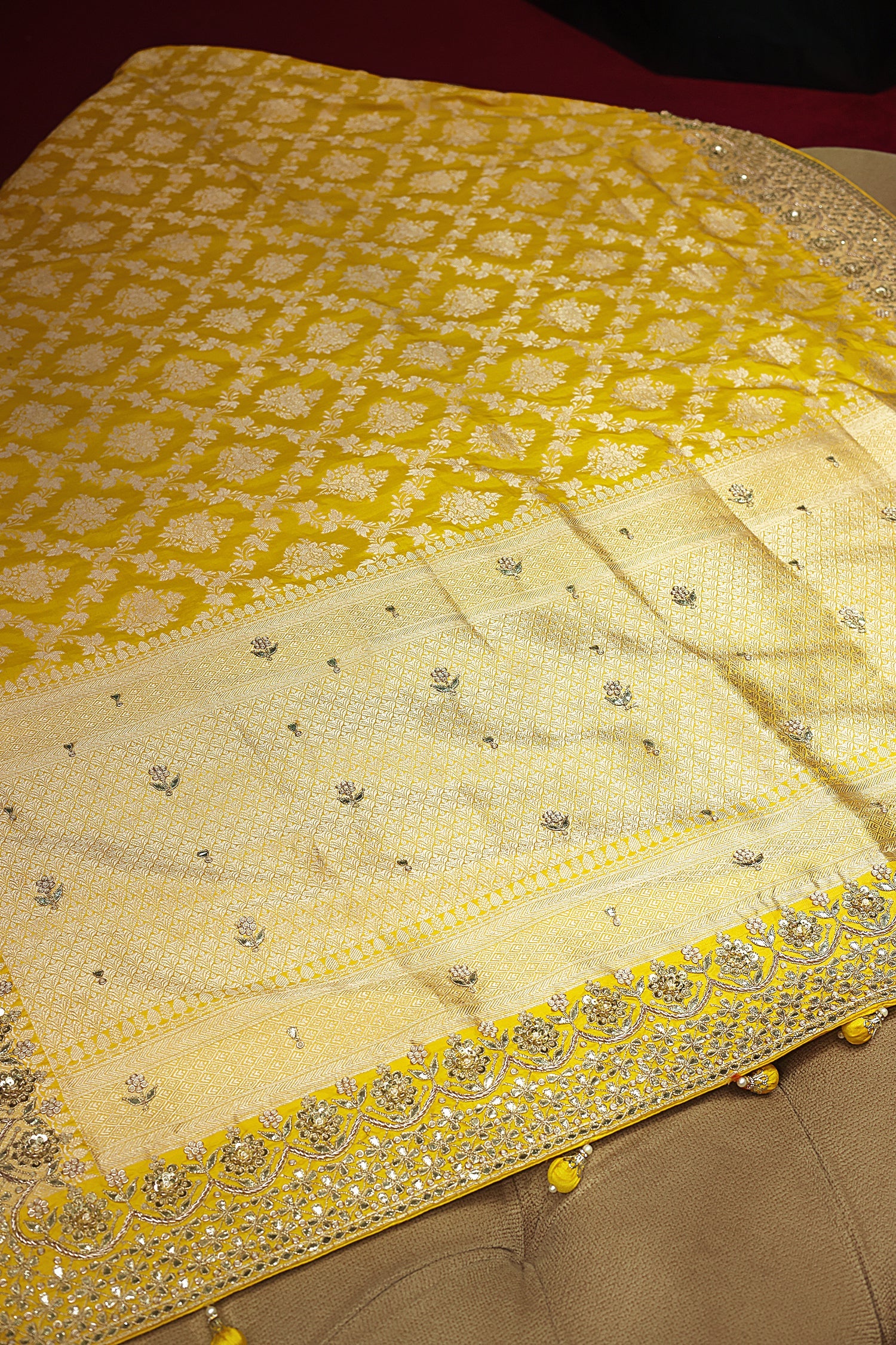 Yellow Banarasi Silk Traditional Woven Saree with Zardosi Gota Work - Image 6