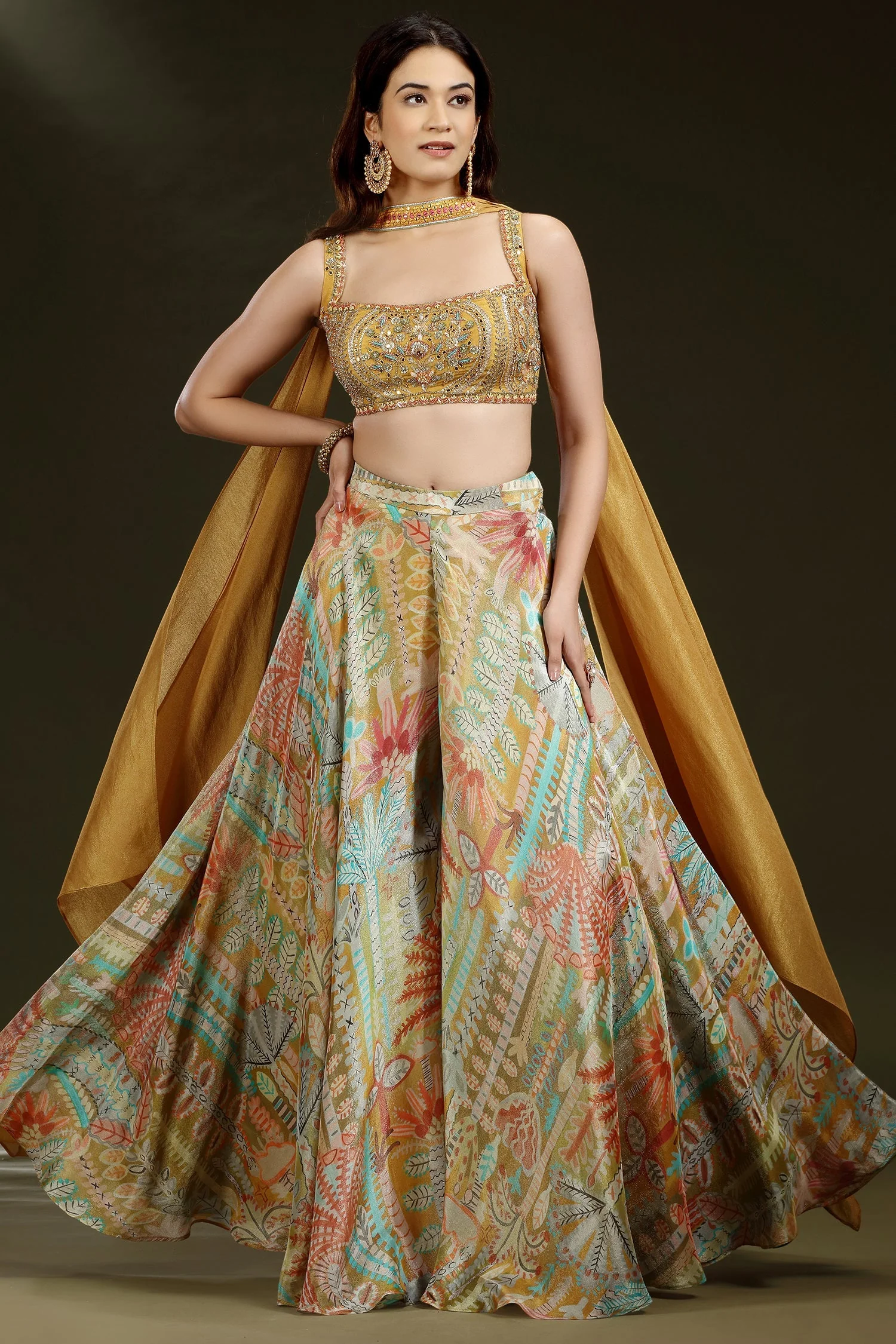 Yellow Crepe Silk Mirror Beaded Crop Top Palazzo Set - Image 3