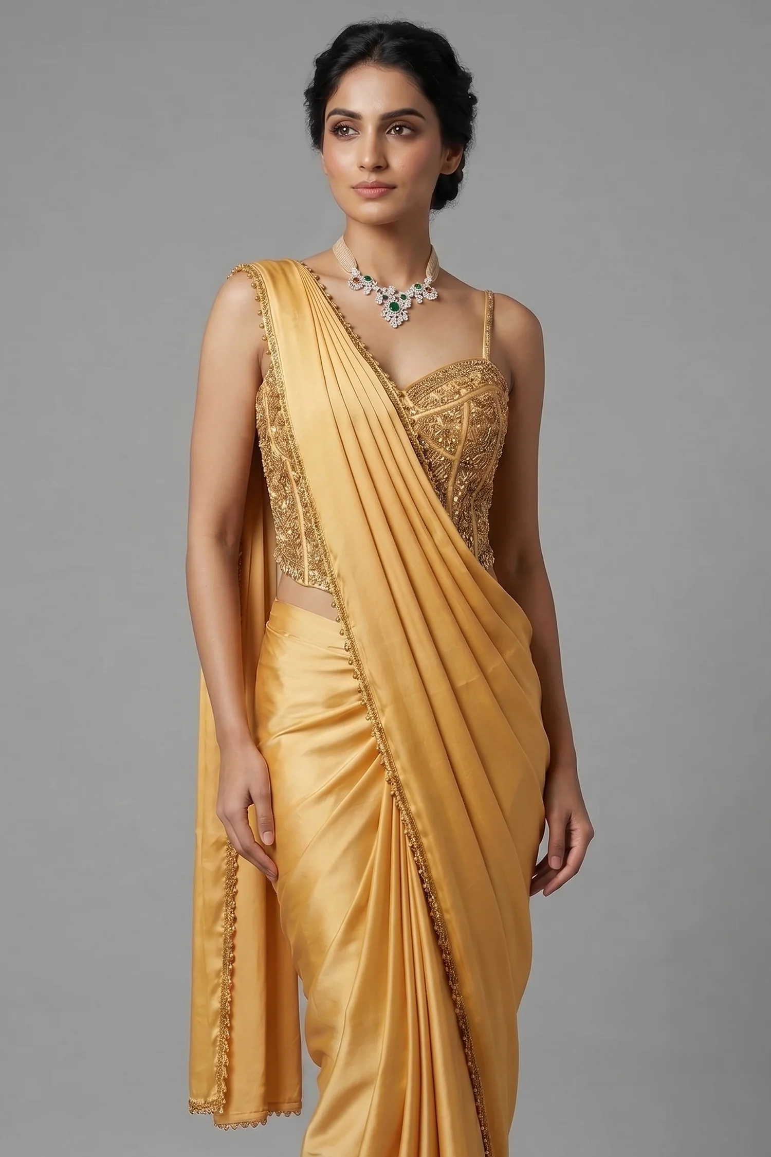 Yellow Crepe Silk Readymade Saree with Corset - Image 2