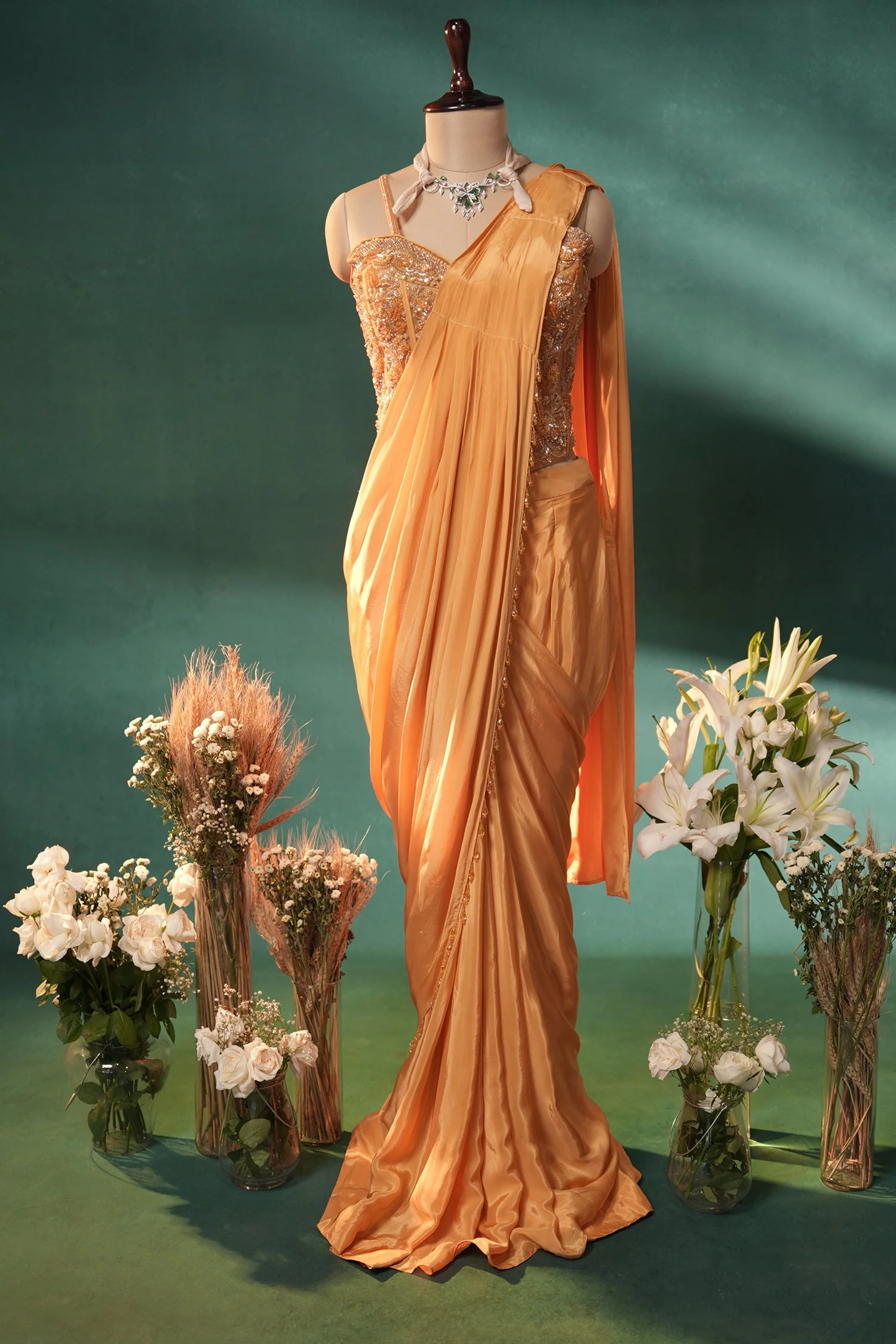 Yellow Crepe Silk Readymade Saree with Corset - Image 3