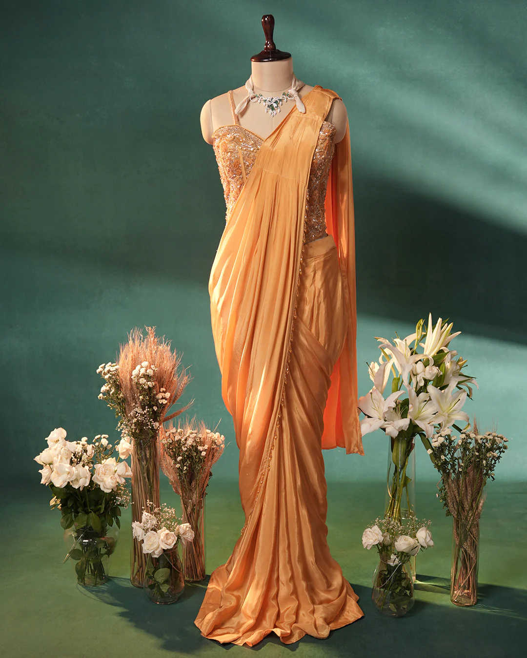 Yellow Crepe Silk Readymade Saree with Corset - Image 4
