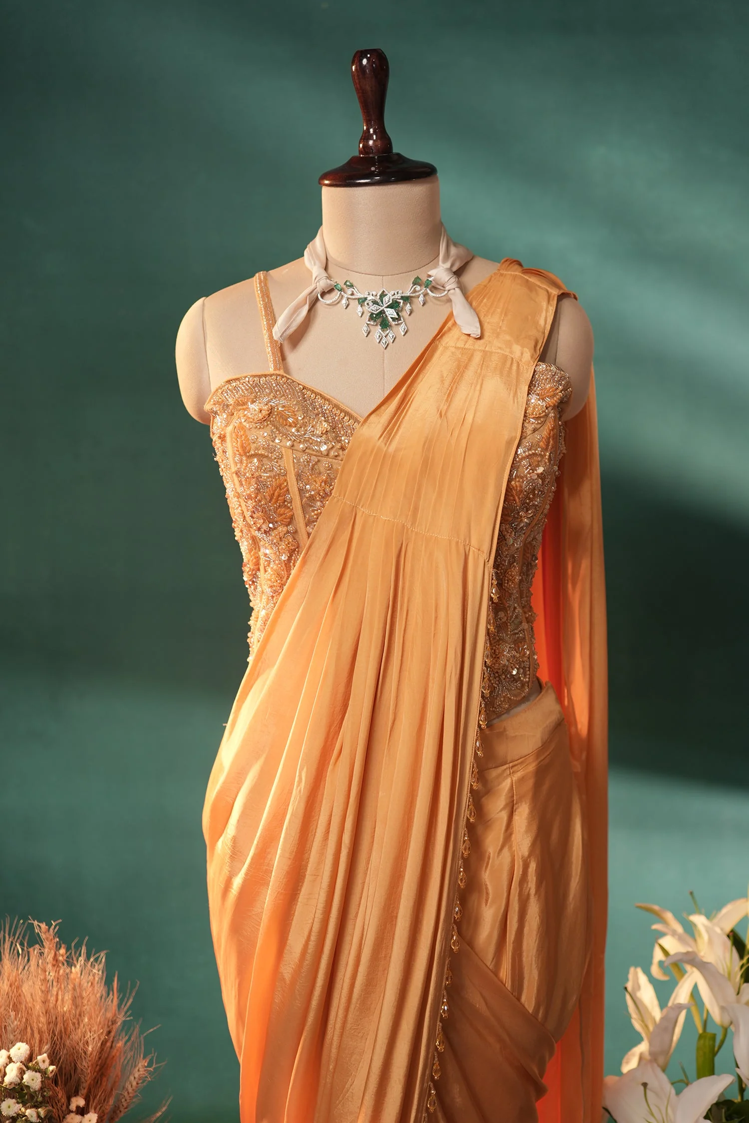 Yellow Crepe Silk Readymade Saree with Corset - Image 5