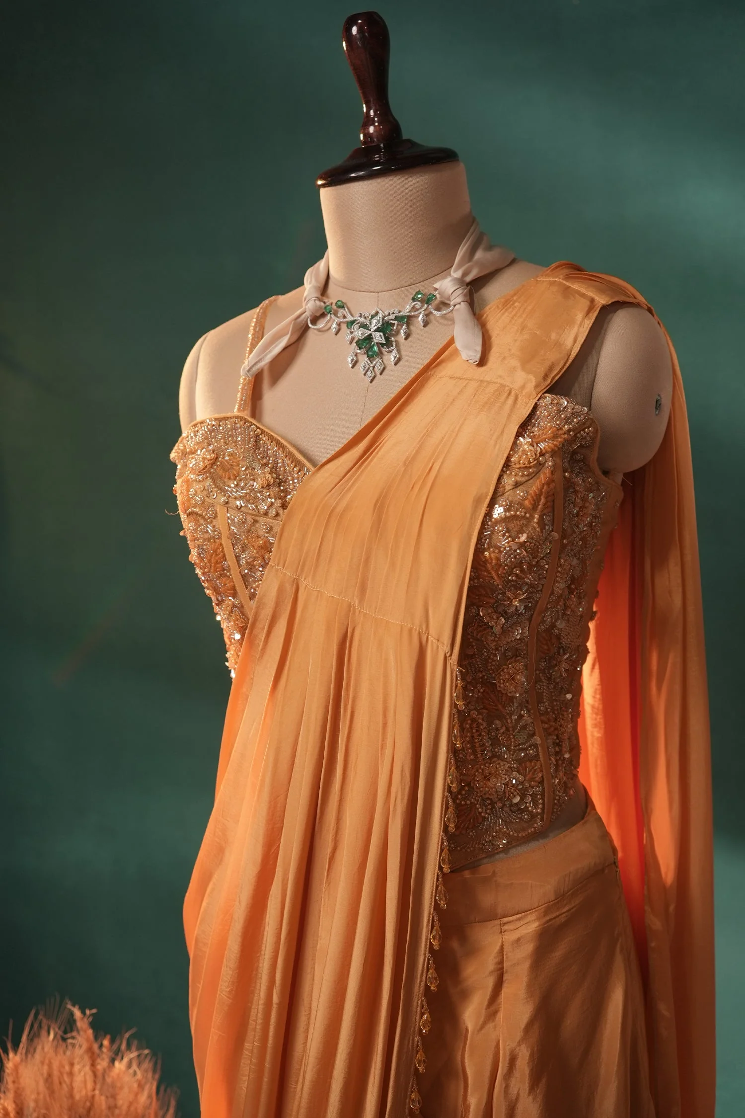 Yellow Crepe Silk Readymade Saree with Corset - Image 6
