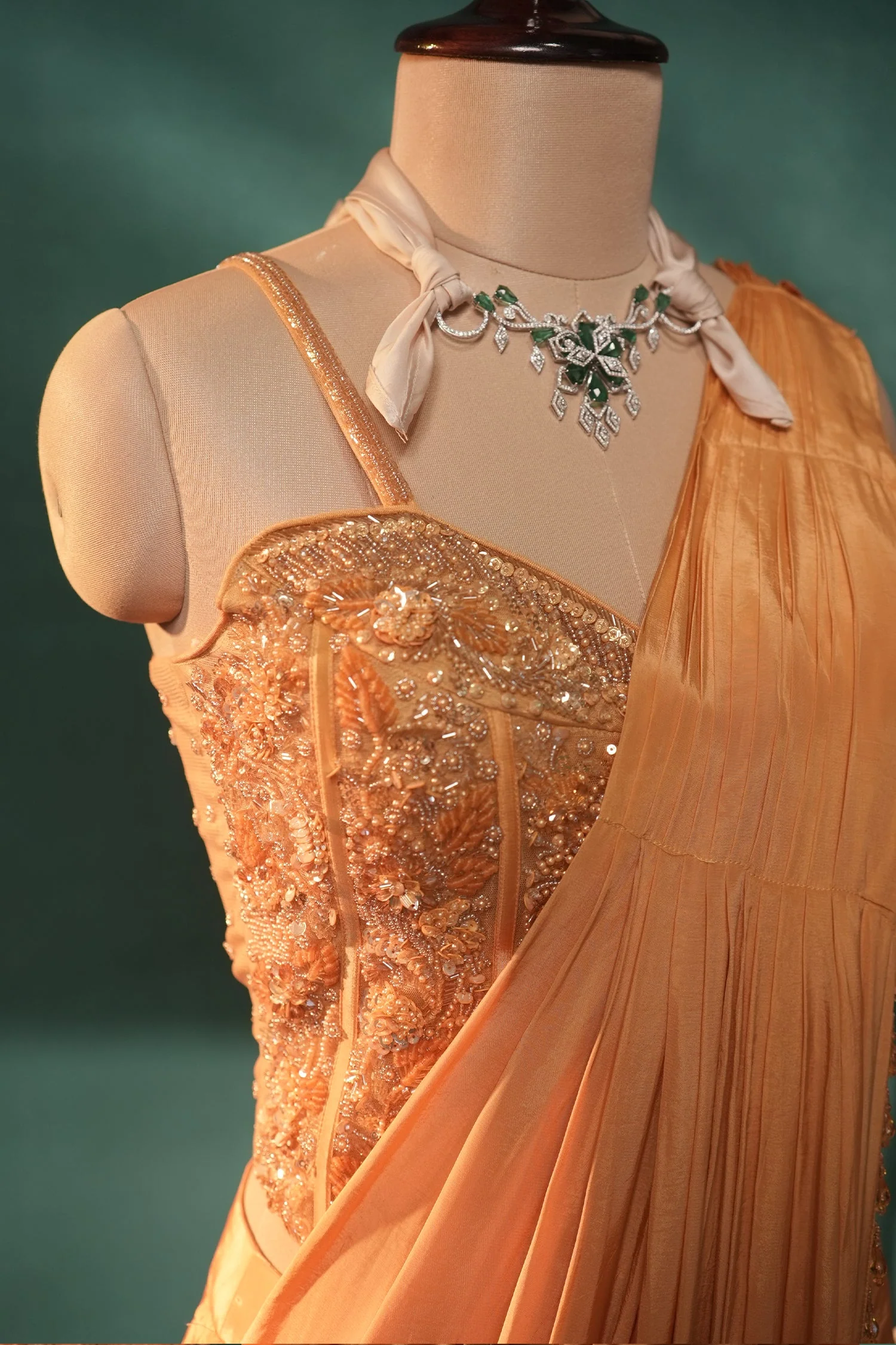 Yellow Crepe Silk Readymade Saree with Corset - Image 7