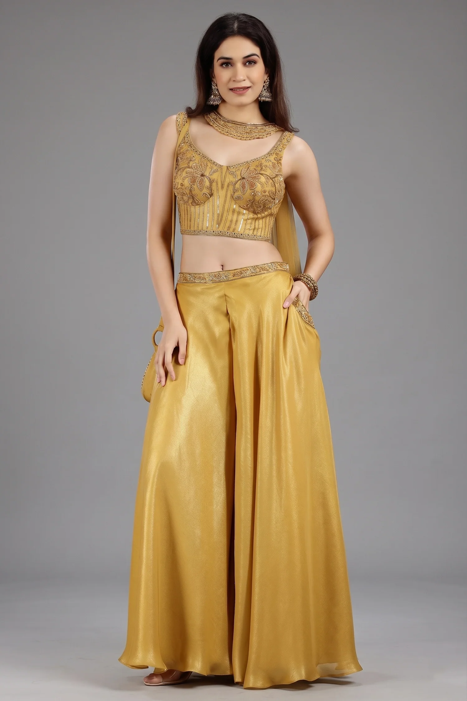 Yellow Crepe Silk Sequin Beaded Corset with Palazzo and Dupatta