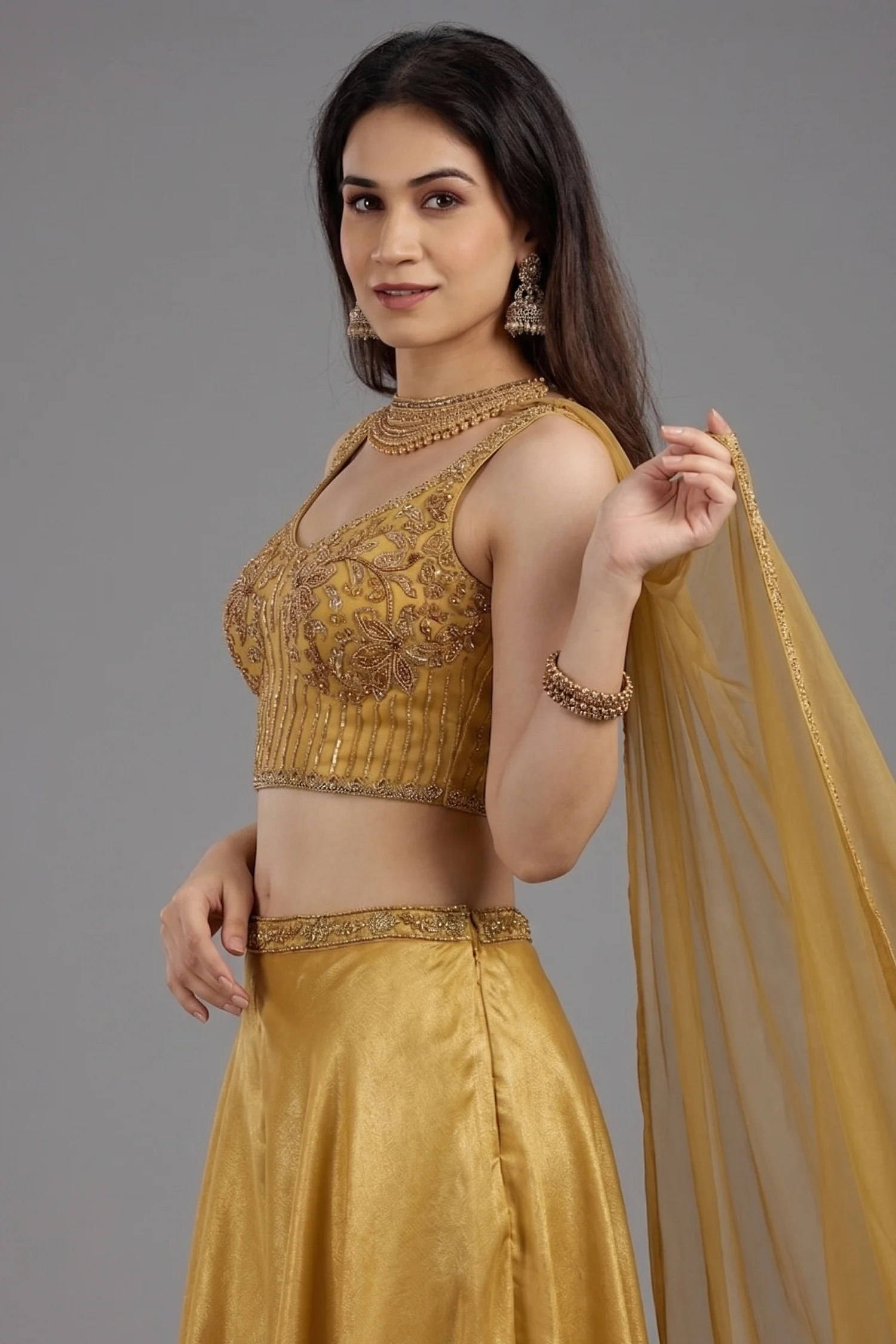Yellow Crepe Silk Sequin Beaded Corset with Palazzo and Dupatta - Image 2