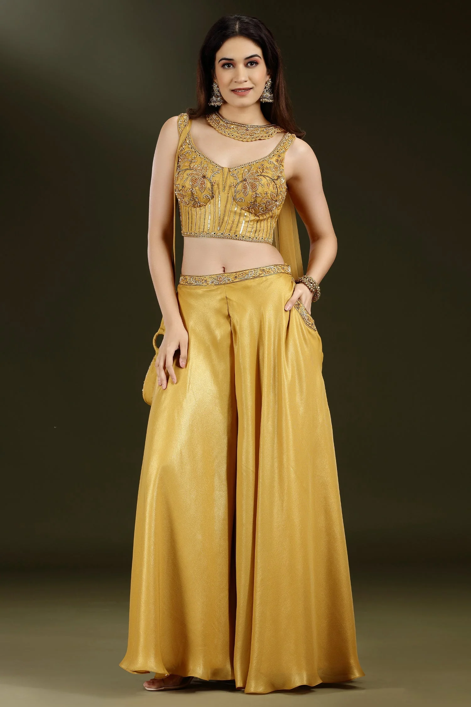Yellow Crepe Silk Sequin Beaded Corset with Palazzo and Dupatta - Image 3