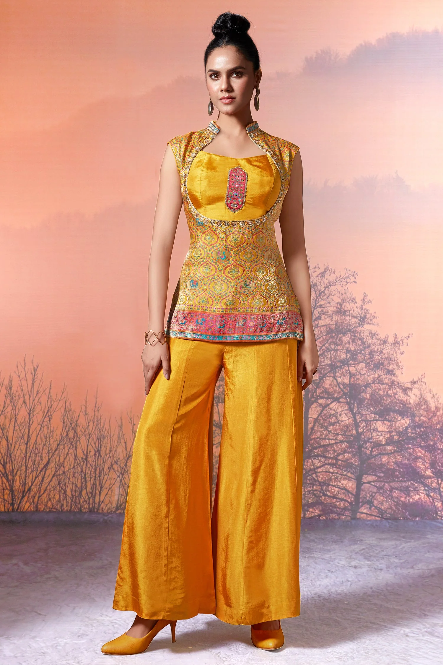 Yellow Dola Silk Elephant and Bird Motif Top and Palazzo Set - Image 2