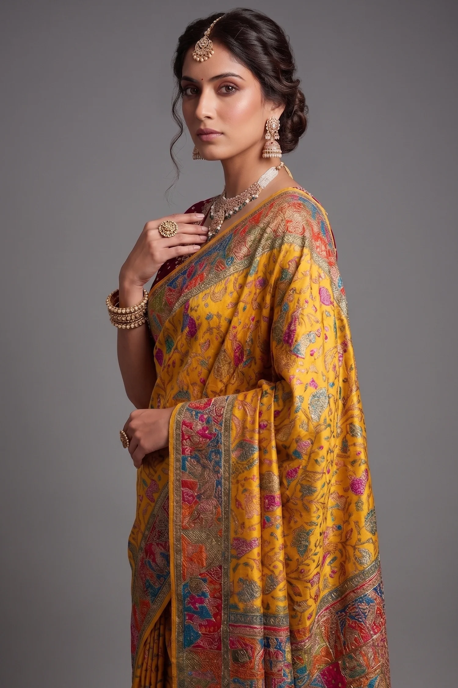 Yellow Dola Silk Pashmina Printed Saree with Cutdana Mirror and Pearl Work - Image 2