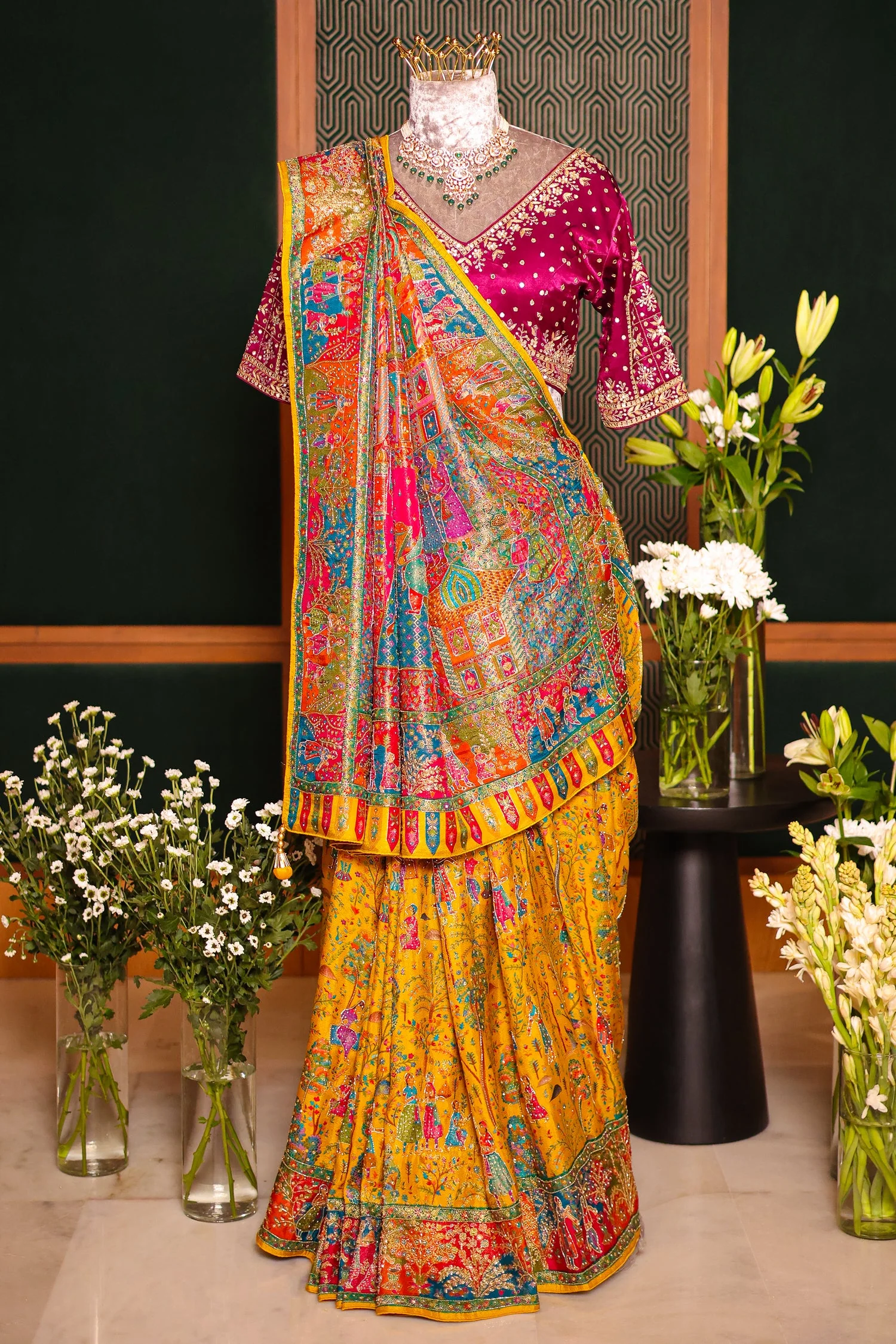 Yellow Dola Silk Pashmina Printed Saree with Cutdana Mirror and Pearl Work - Image 3