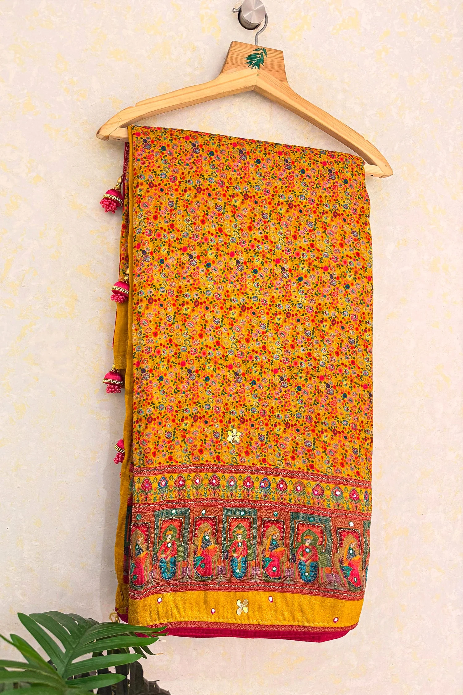 Yellow Dola Silk Pashmina Printed Saree with Sequin Cutdana Work - Image 2