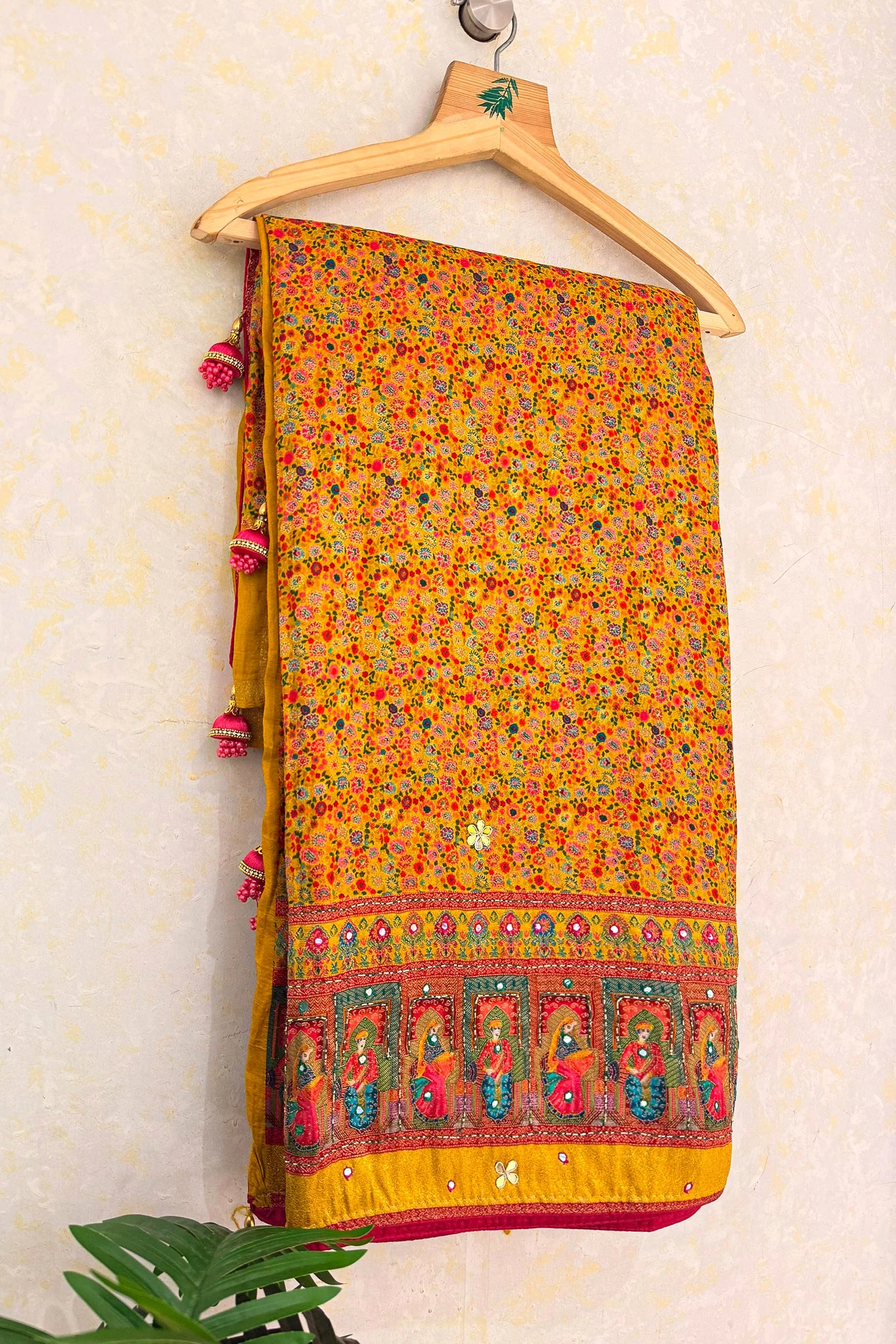 Yellow Dola Silk Pashmina Printed Saree with Sequin Cutdana Work - Image 3
