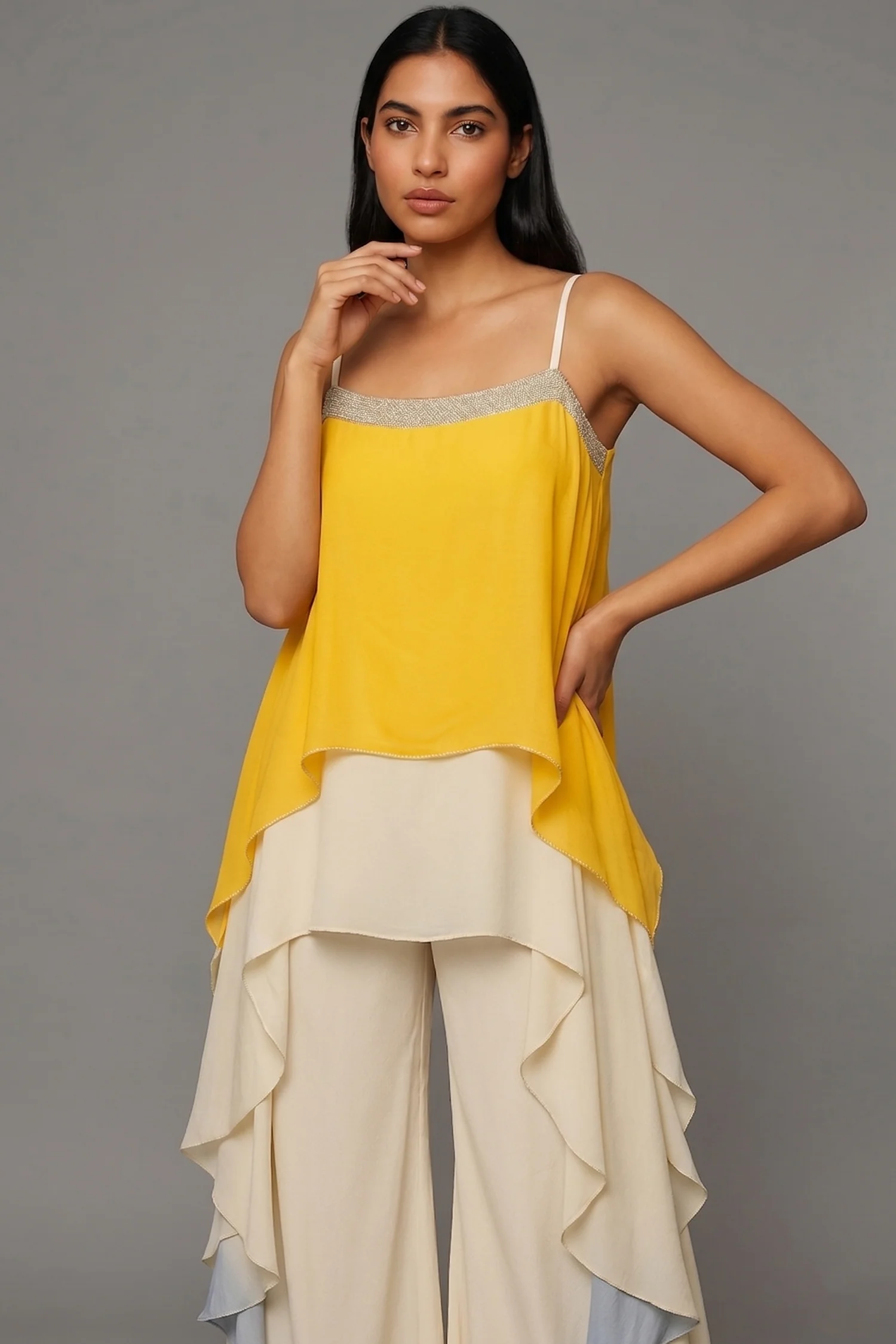 Yellow Georgette Square Neck High and Low Layered Asymmetric Hem Detail Co-Ord Set - Image 2