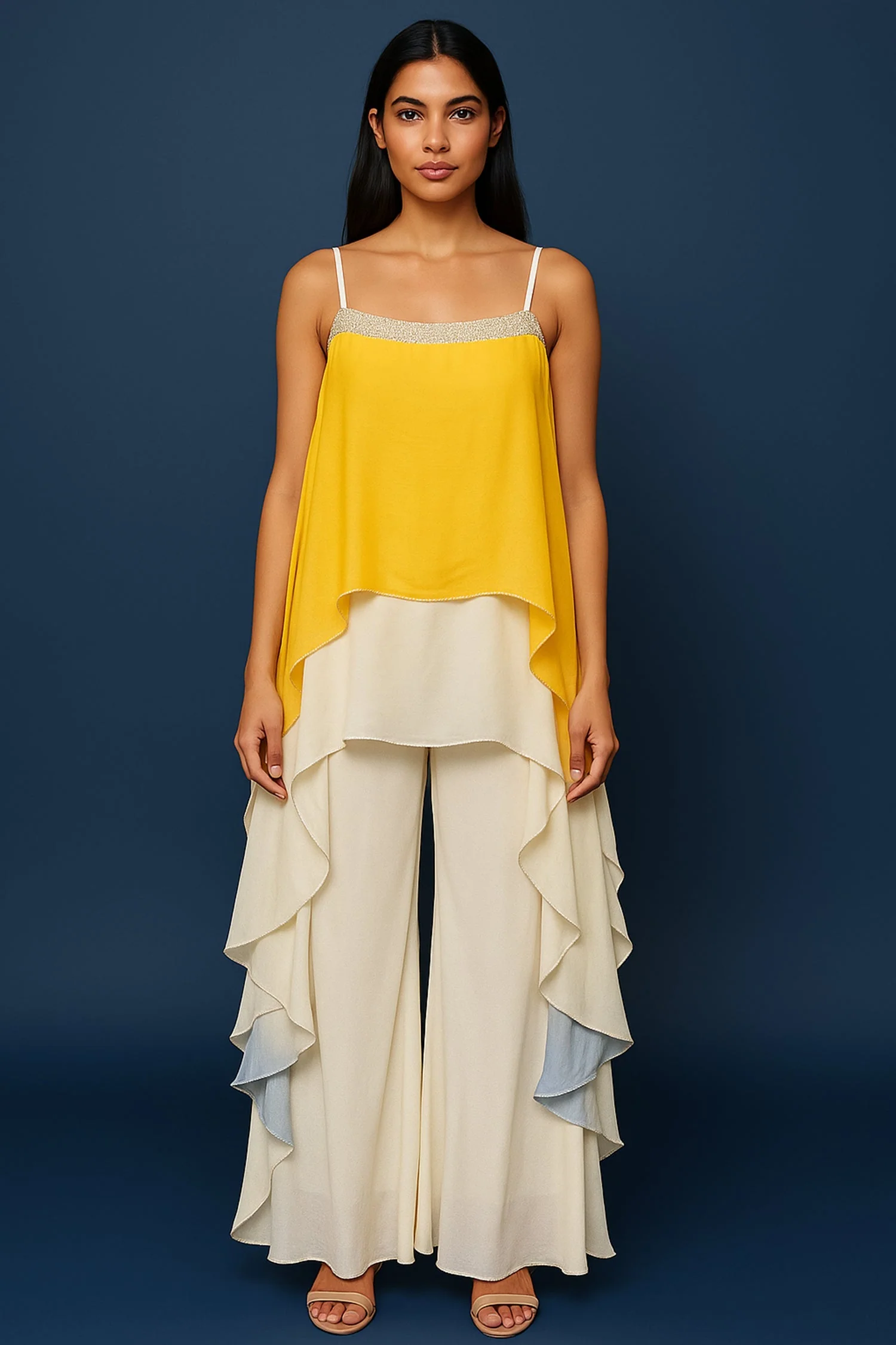 Yellow Georgette Square Neck High and Low Layered Asymmetric Hem Detail Co-Ord Set - Image 3