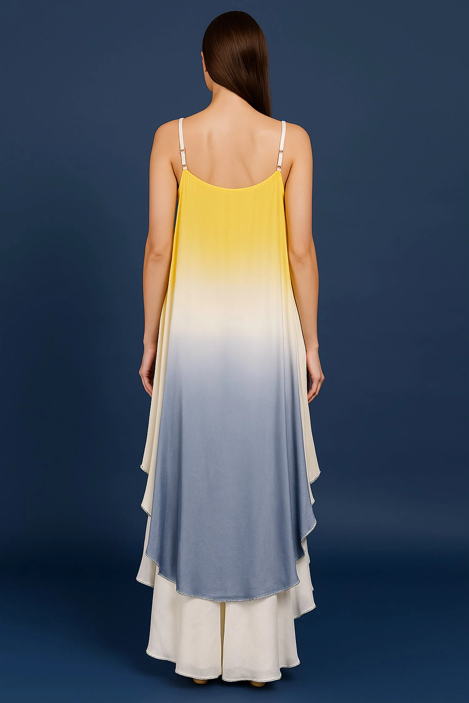 Yellow Georgette Square Neck High and Low Layered Asymmetric Hem Detail Co-Ord Set - Image 4