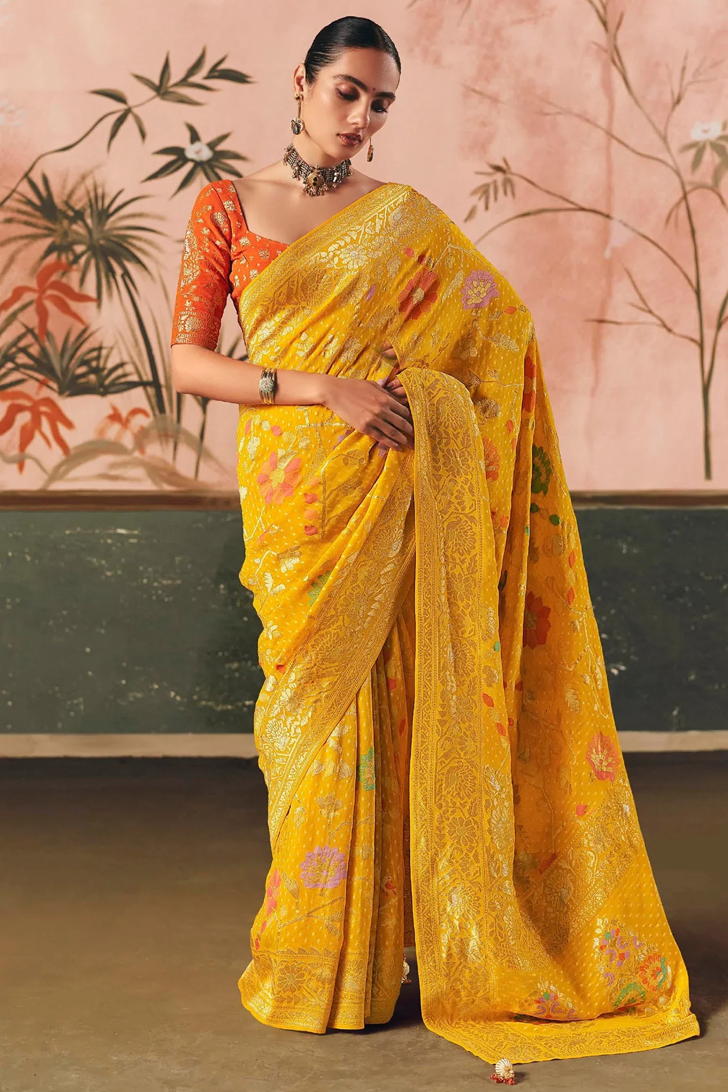 Yellow Georgette Traditional Bandhej Weaving Saree - Image 3