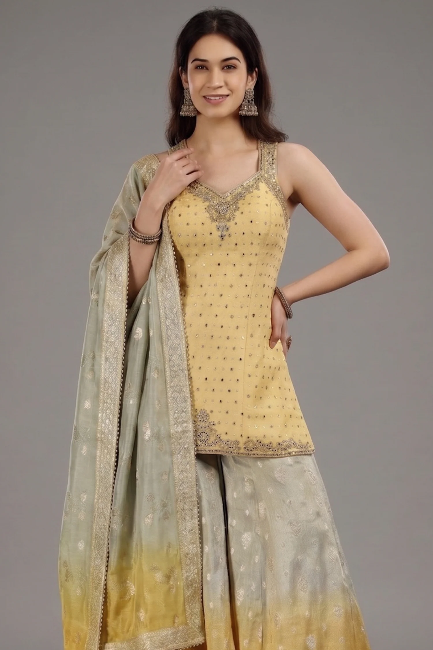 Yellow Jacquard Silk Palazzo Set with Beads and Mirror Work - Image 2