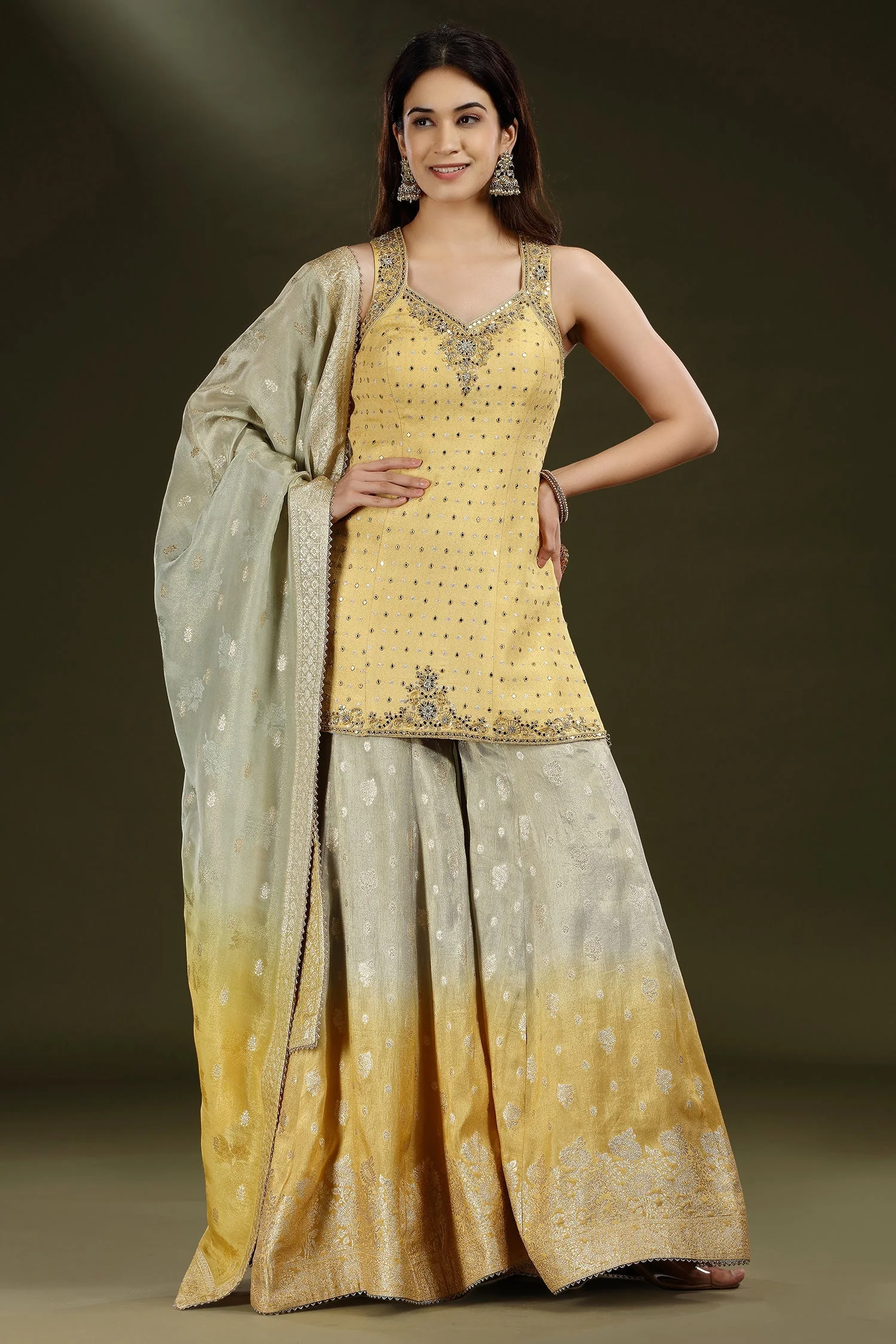 Yellow Jacquard Silk Palazzo Set with Beads and Mirror Work - Image 3