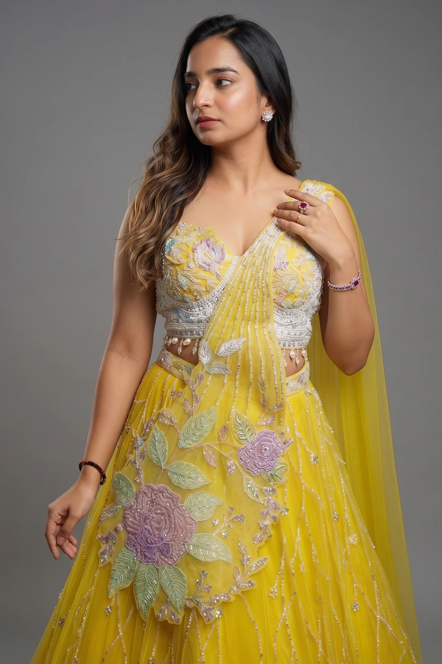 Yellow Net Floral Patch Lehenga with Sequin Beaded Work - Image 2