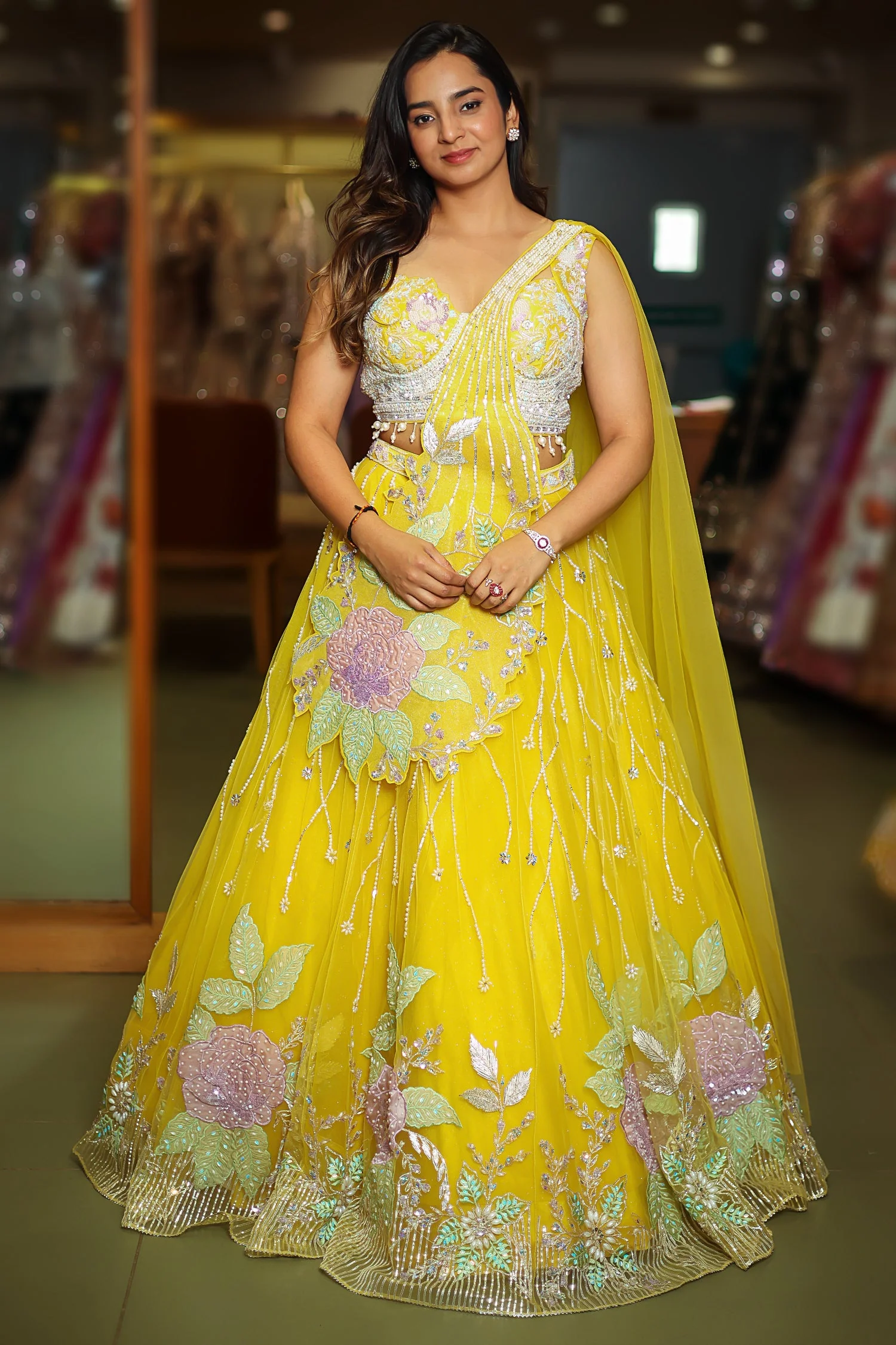 Yellow Net Floral Patch Lehenga with Sequin Beaded Work - Image 3