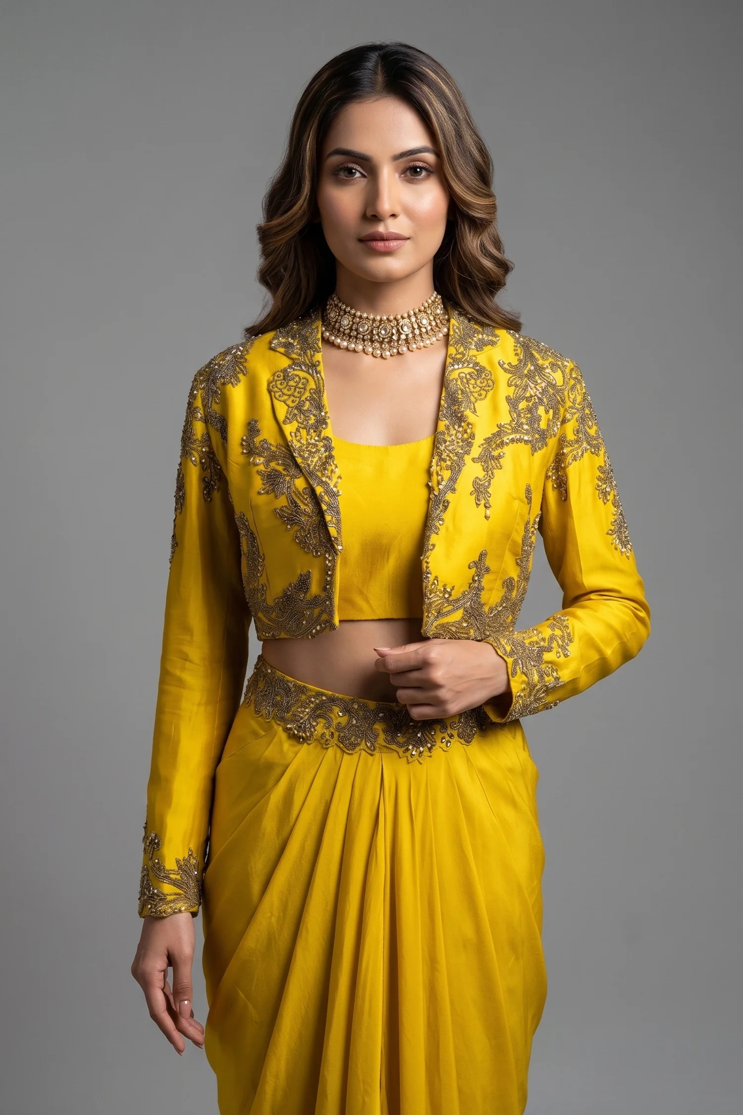 Yellow Organza Beaded Crop Top Skirt Set with Full Sleeved Short Jacket - Image 2