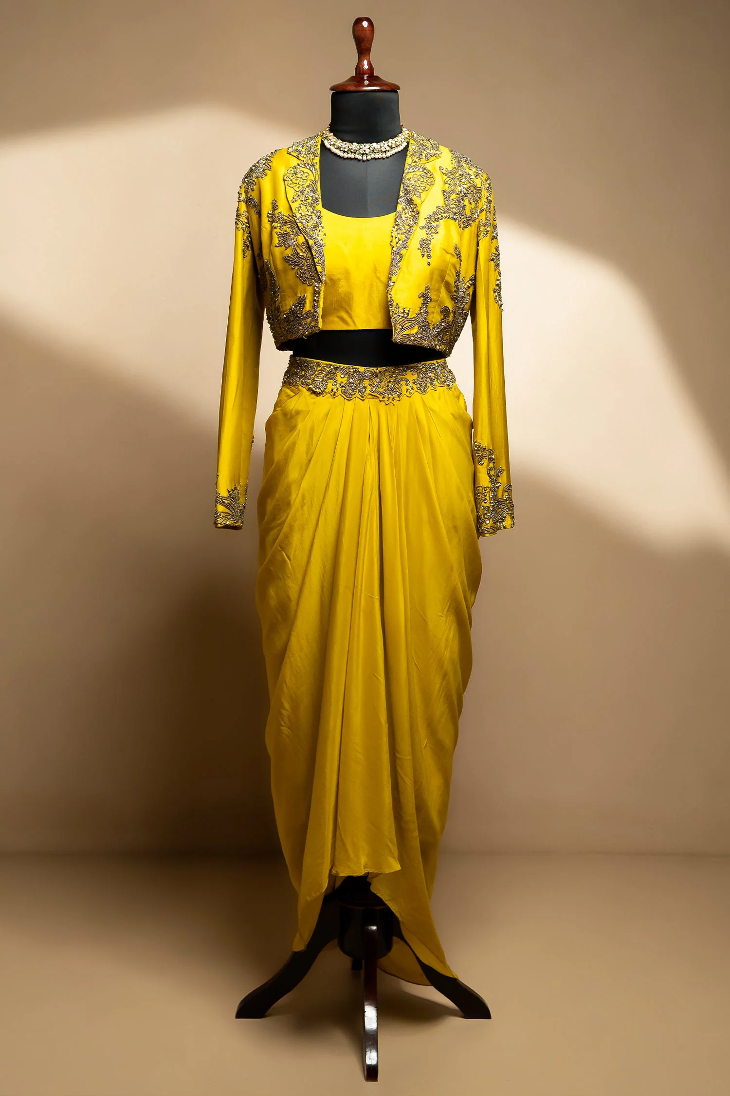 Yellow Organza Beaded Crop Top Skirt Set with Full Sleeved Short Jacket - Image 3