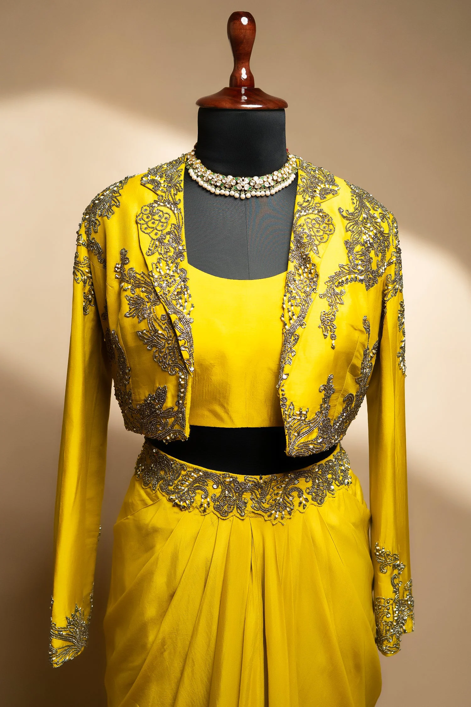 Yellow Organza Beaded Crop Top Skirt Set with Full Sleeved Short Jacket - Image 4