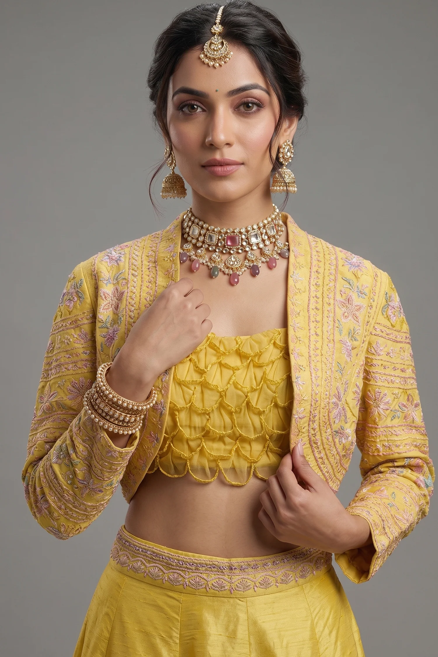 Yellow Organza Crop Top Skirt Set with Beaded Bolero Jacket - Image 2