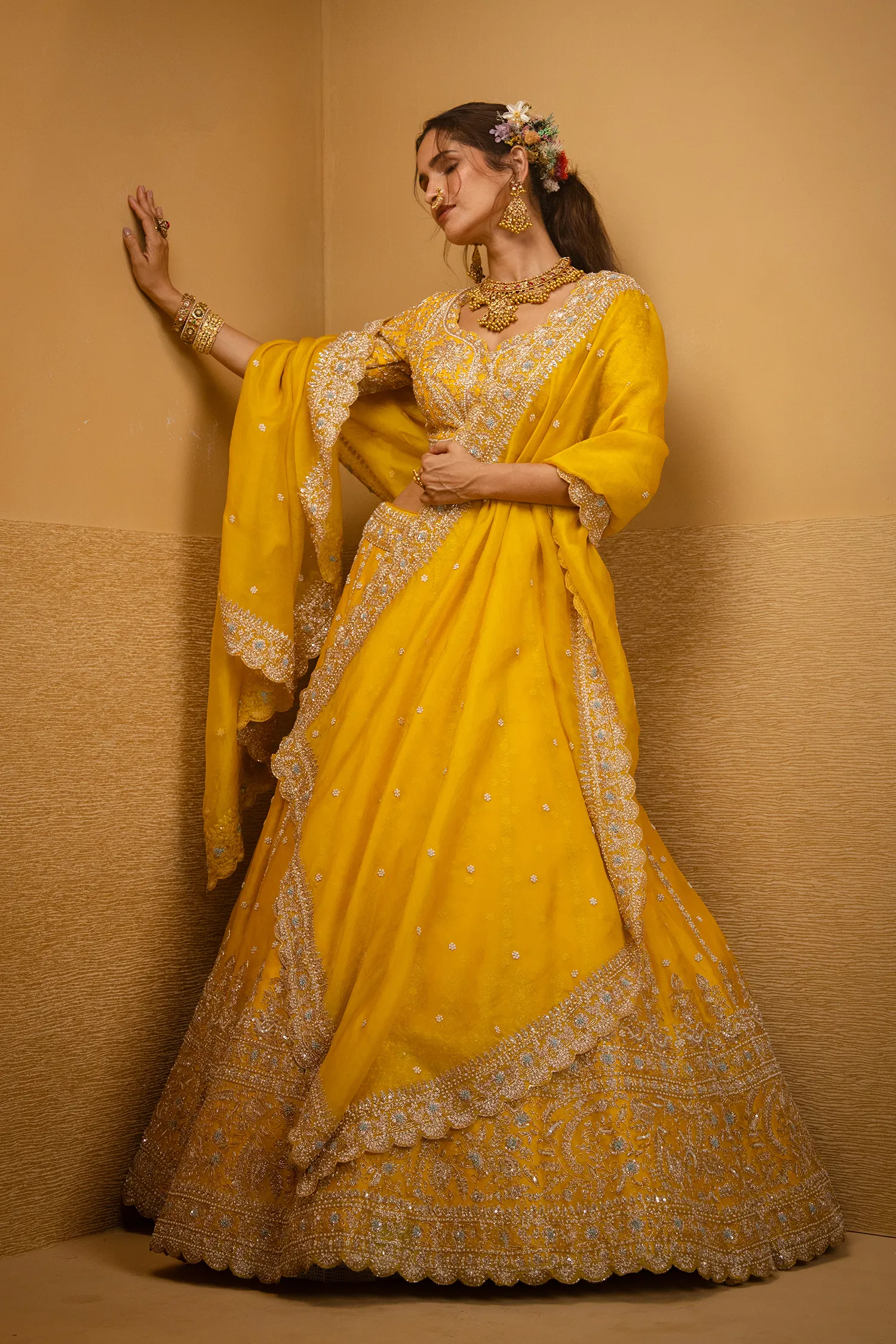 Yellow Organza Handworked Designer Lehenga with Sequin and Beaded Detailing - Image 2