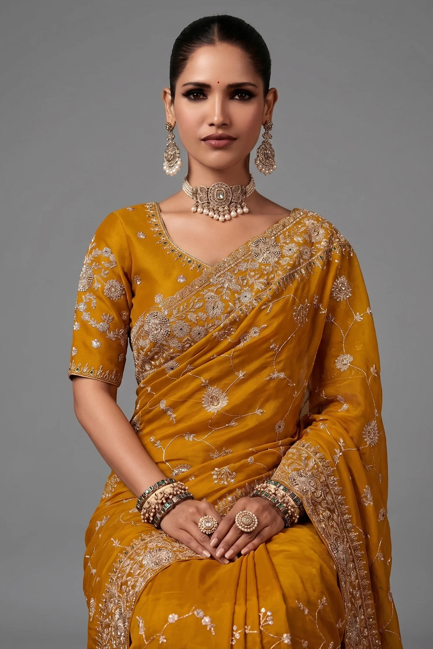 Yellow Organza Saree with Sequin Embroidery Work - Image 2