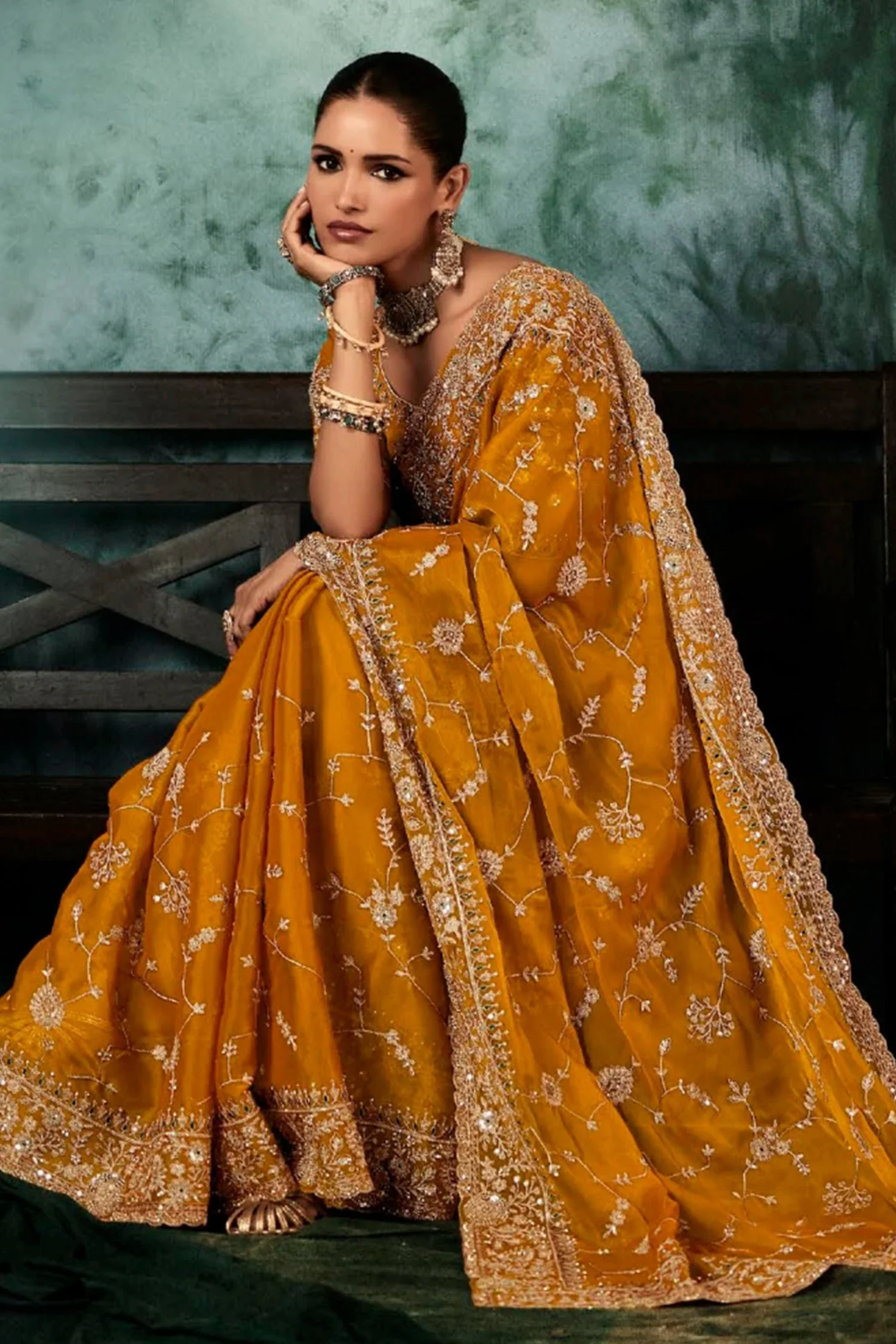 Yellow Organza Saree with Sequin Embroidery Work - Image 3