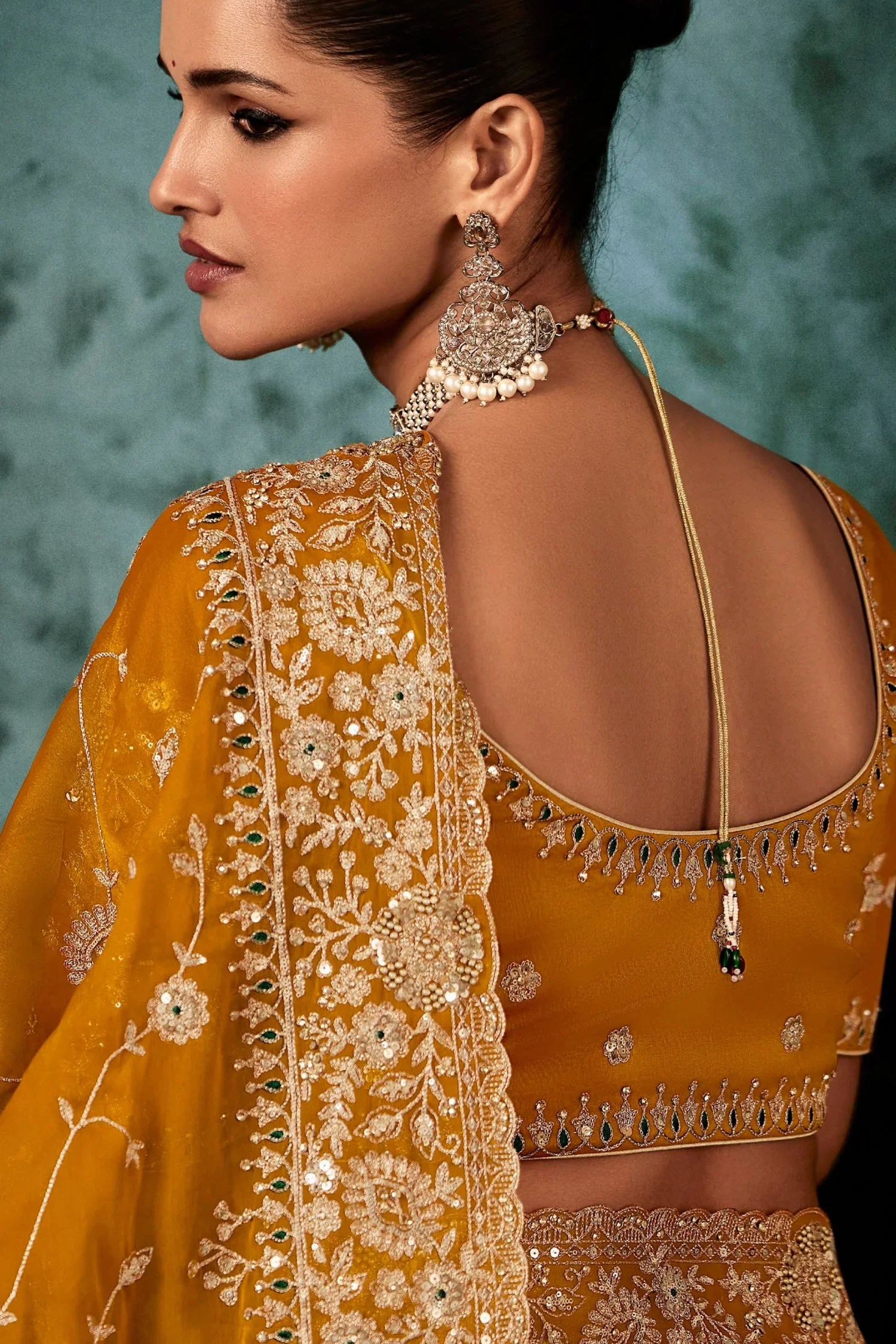 Yellow Organza Saree with Sequin Embroidery Work - Image 4
