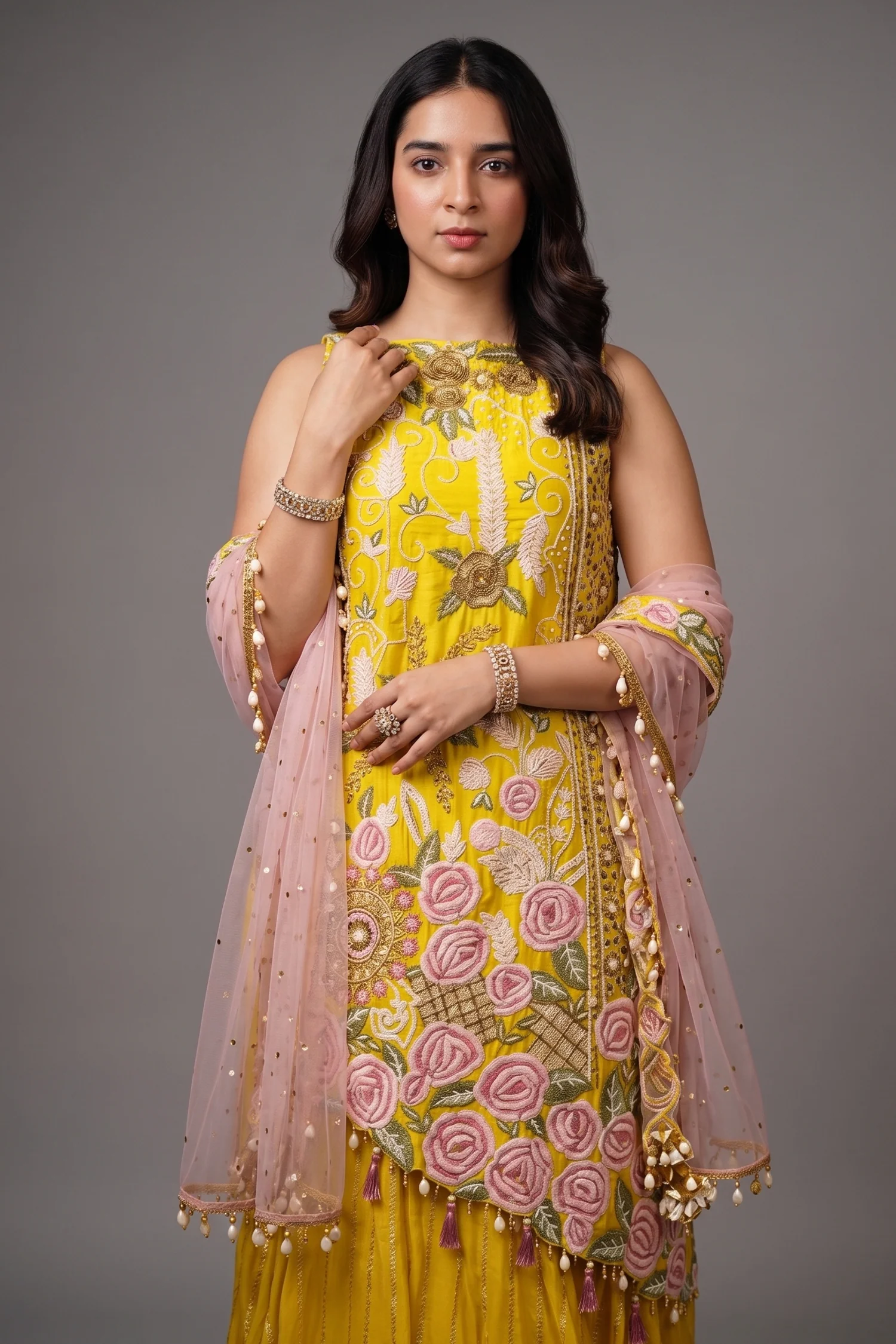 Yellow Raw Silk Asymmetric Floral Embroidered and Bead Worked Palazzo Suit - Image 2