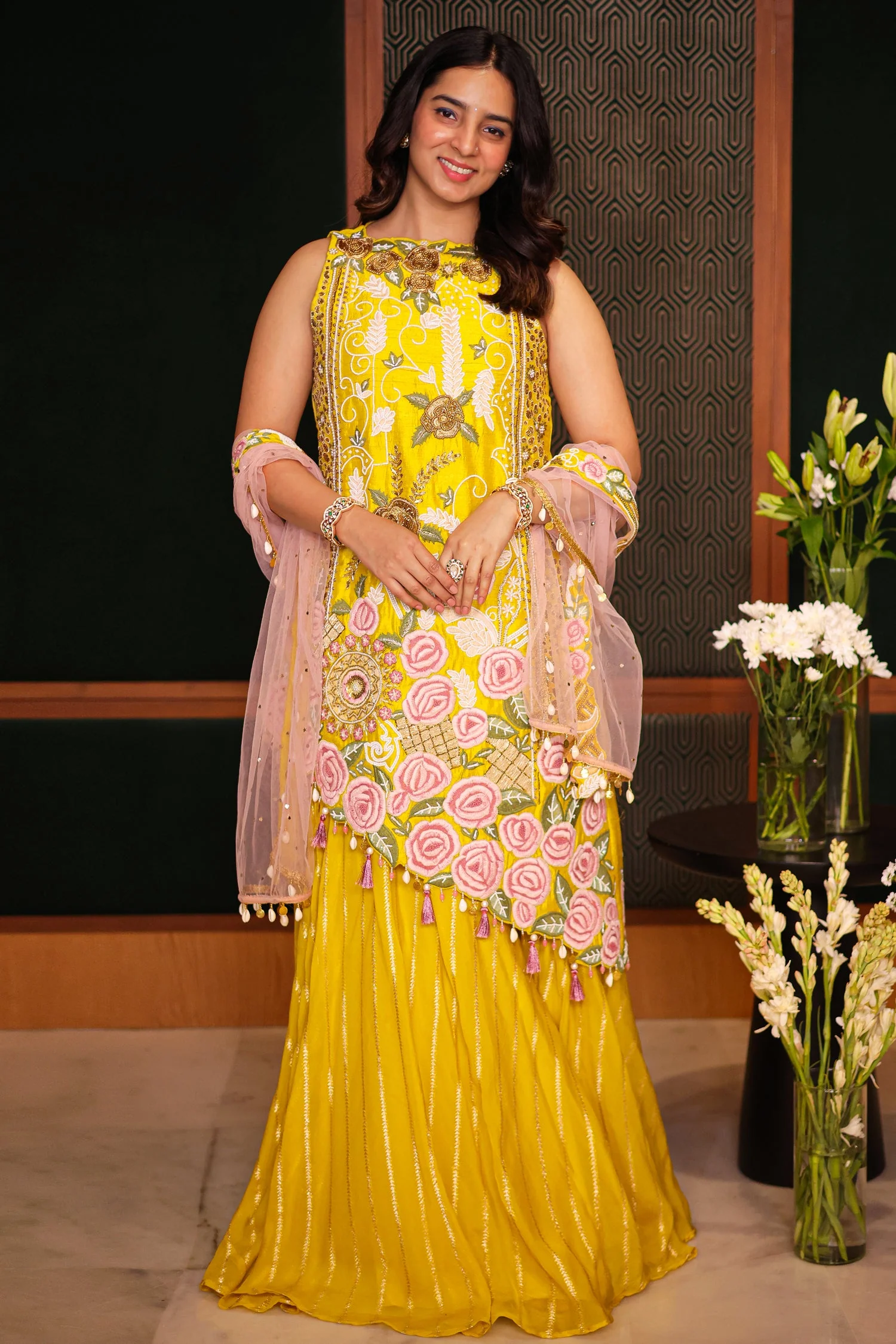 Yellow Raw Silk Asymmetric Floral Embroidered and Bead Worked Palazzo Suit - Image 3