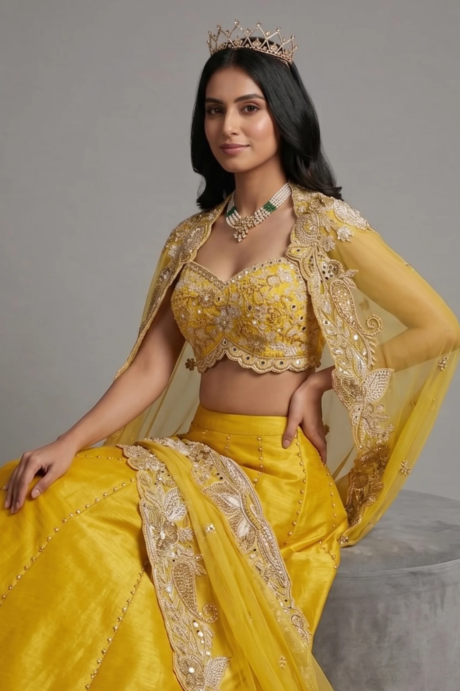 Yellow Raw Silk Beaded Crop Top Lehenga with Shrug - Image 2