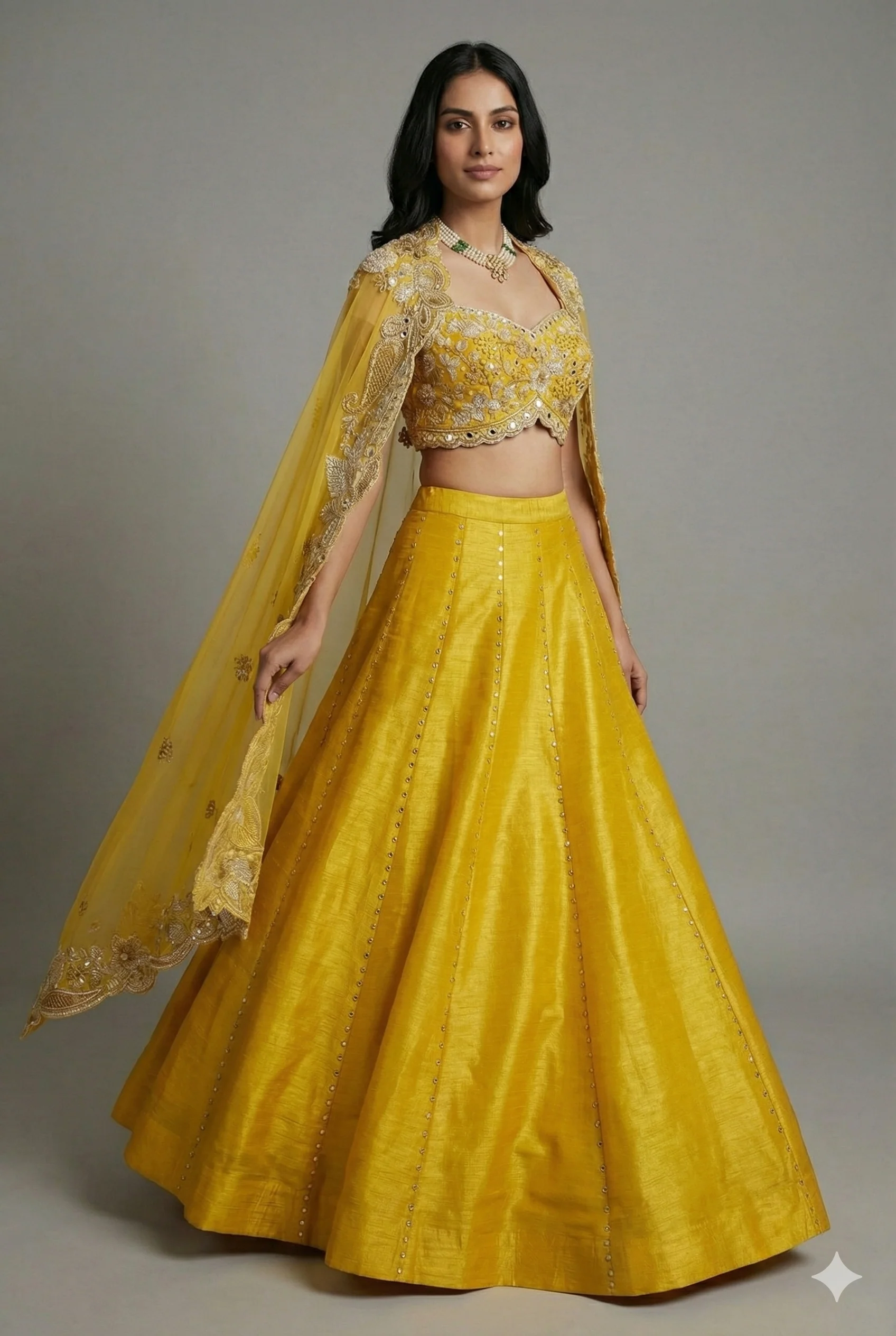 Yellow Raw Silk Beaded Crop Top Lehenga with Shrug - Image 3