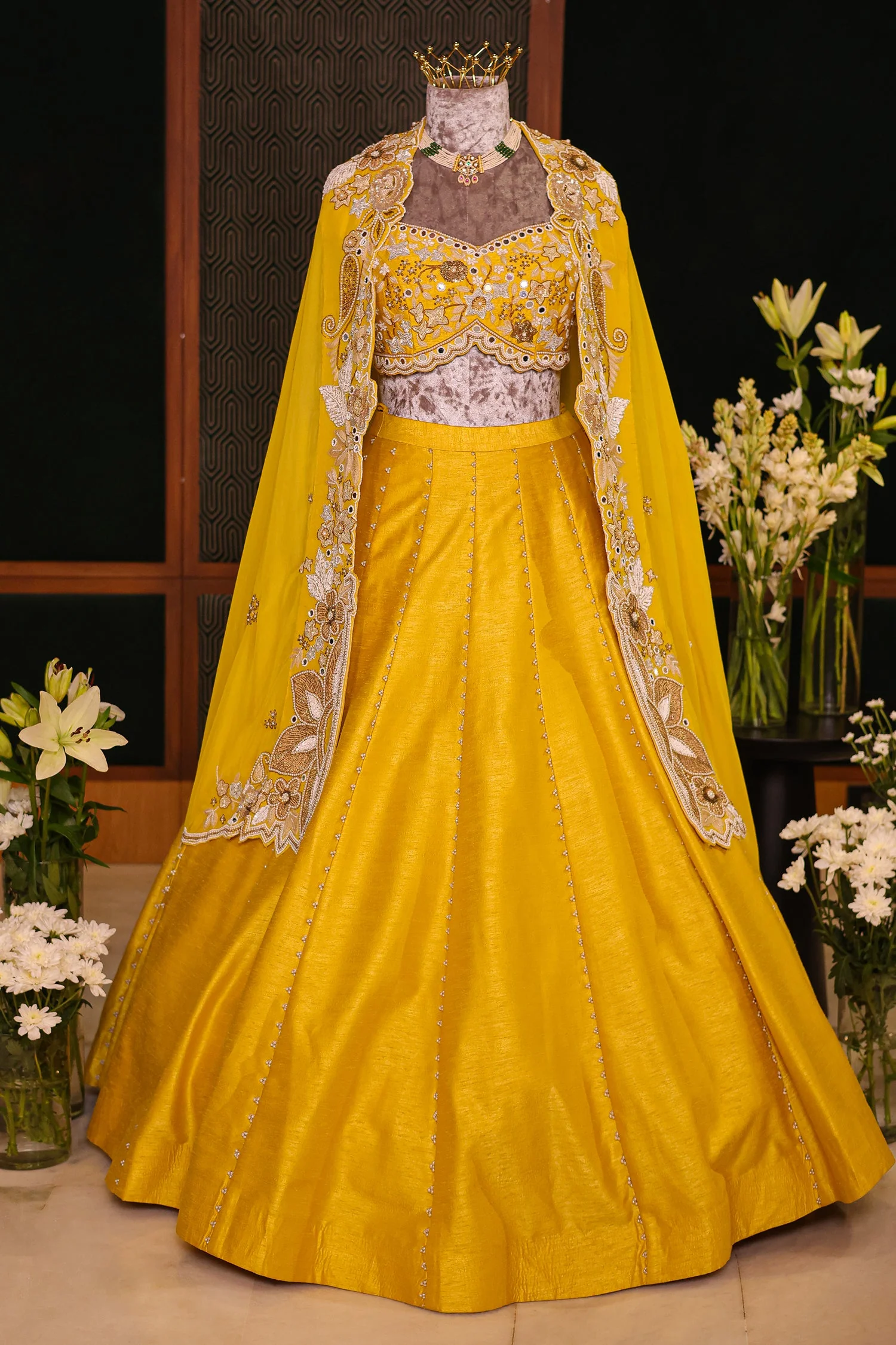 Yellow Raw Silk Beaded Crop Top Lehenga with Shrug - Image 4