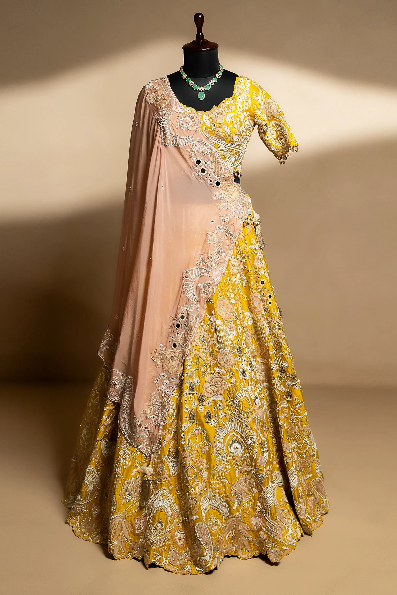 Yellow Raw Silk Desginer All Over Embroidered and Sequins Worked Lehenga - Image 3