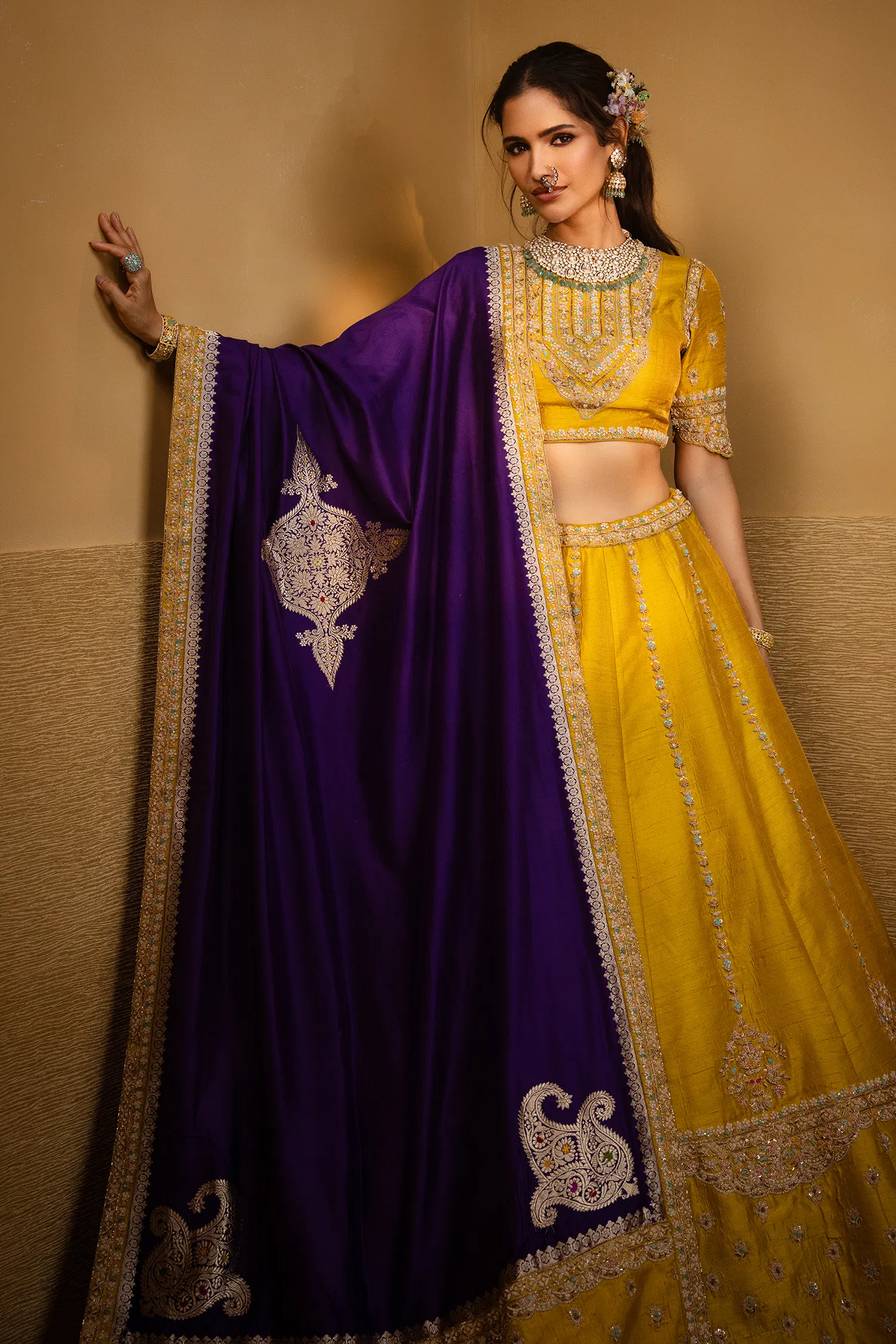 Yellow Raw Silk Designer Handworked Lehenga with Crew Neck Blouse - Image 2