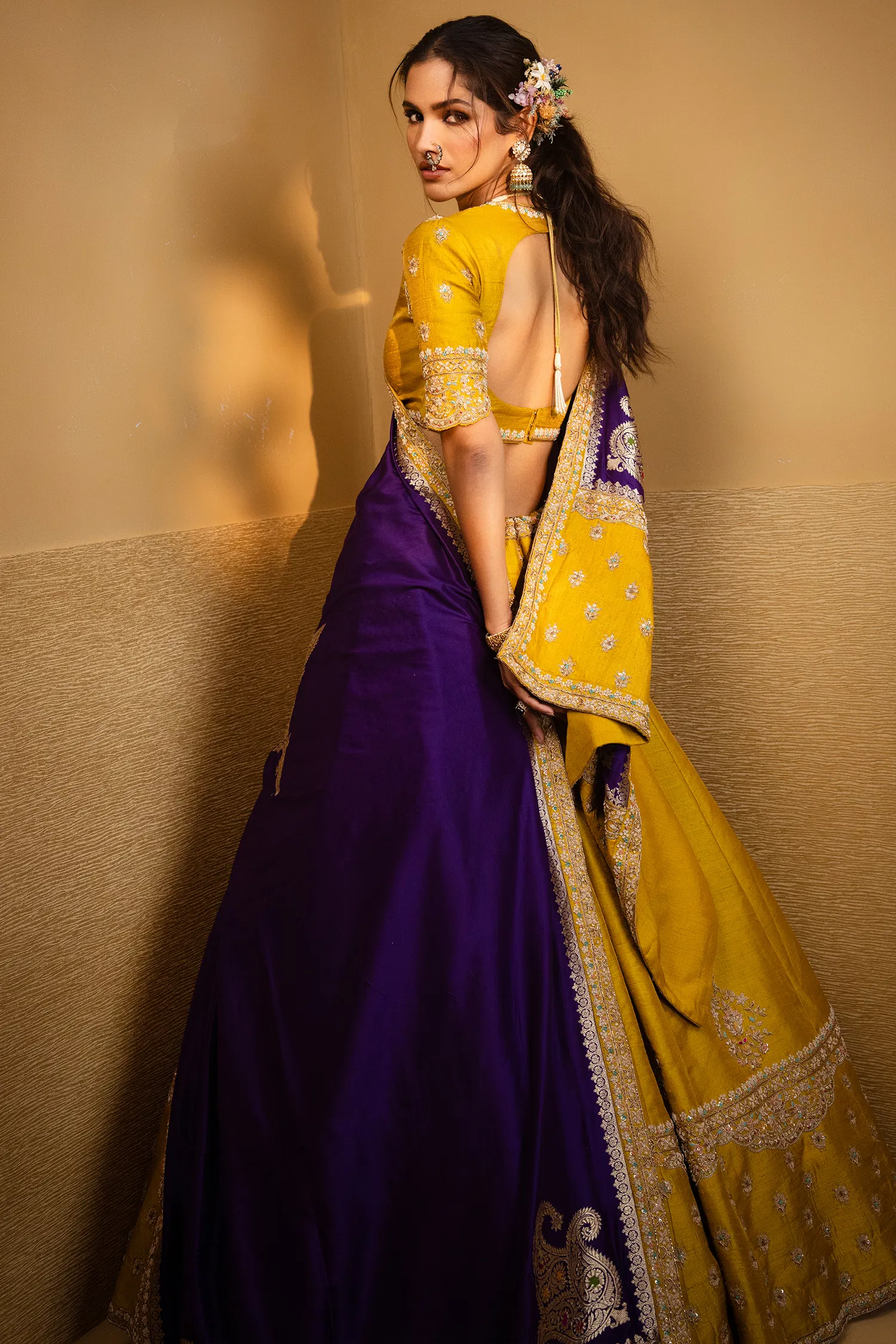 Yellow Raw Silk Designer Handworked Lehenga with Crew Neck Blouse - Image 3